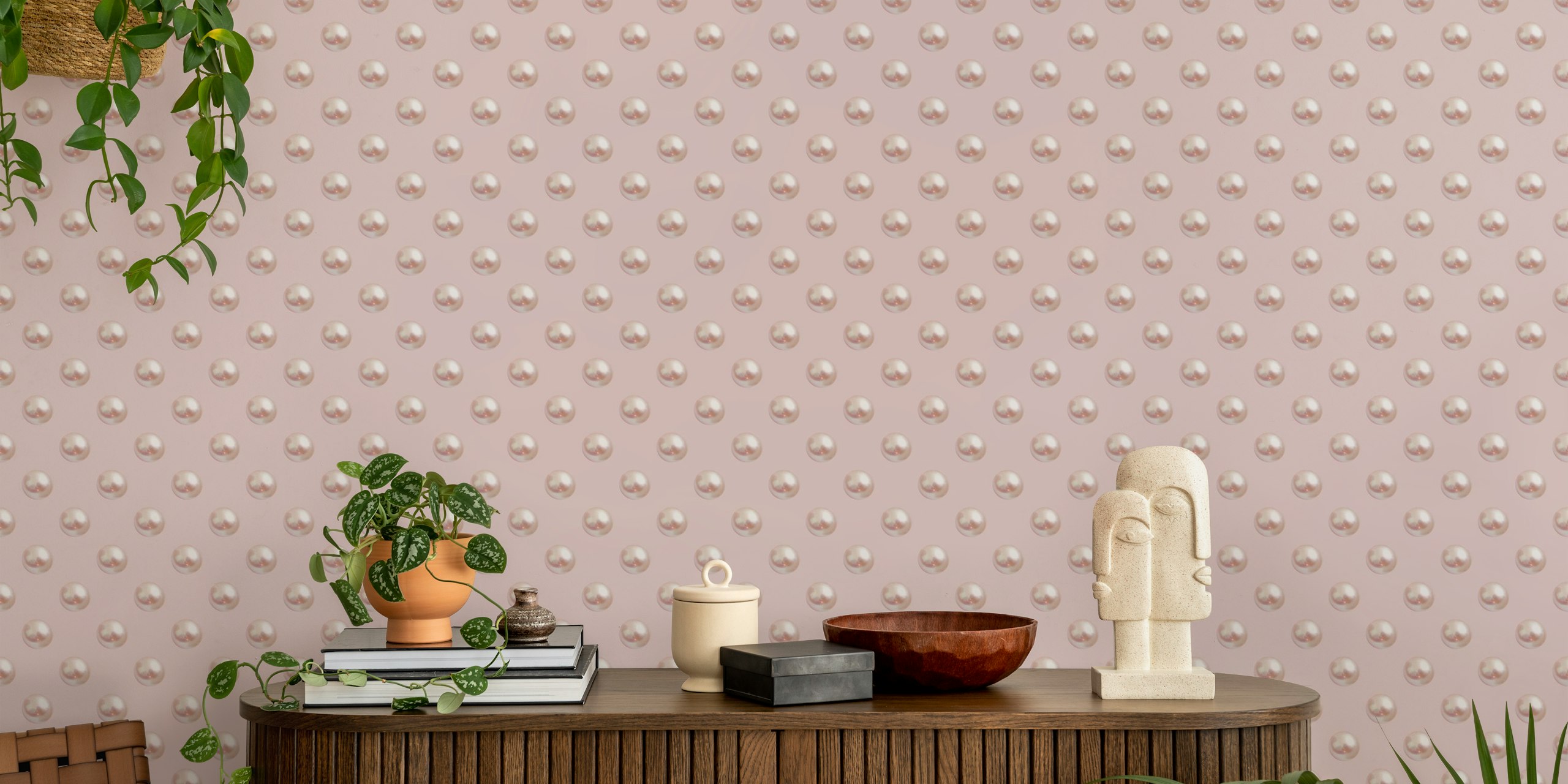 Mural de parede Pearl Polka Dots 2 com fundo rosa blush e bolinhas com efeito pérola.