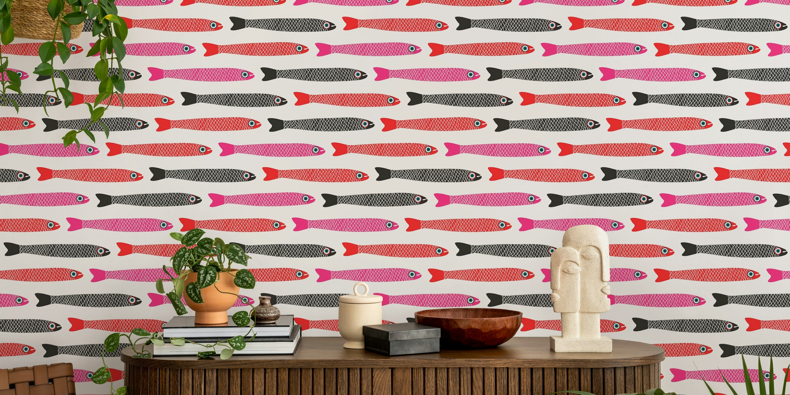 Retro Fish Pattern Wallpaper In A Bright Room