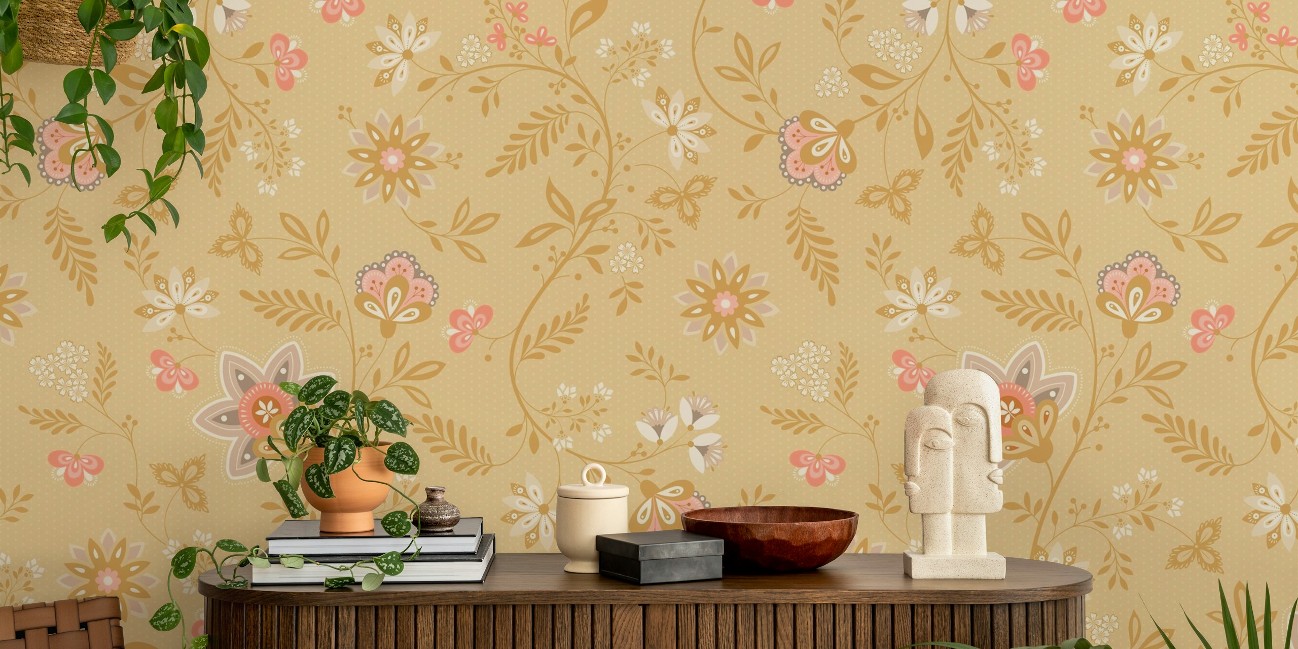 Beige floral wallpaper featuring vintage pink and white flowers with green leaves