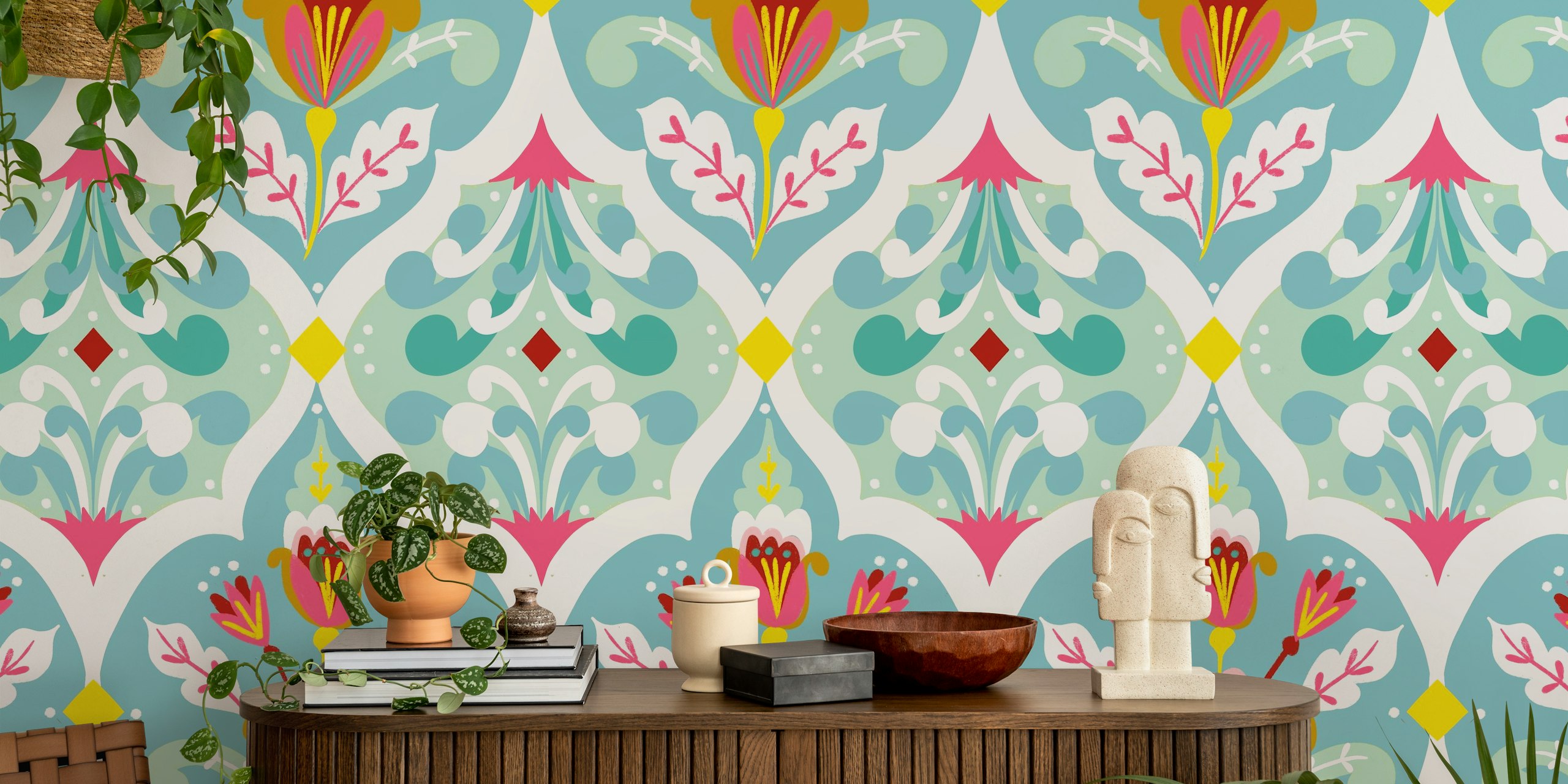 Elegante mural de pared floral damasco en tonos menta con vibrantes detalles florales
