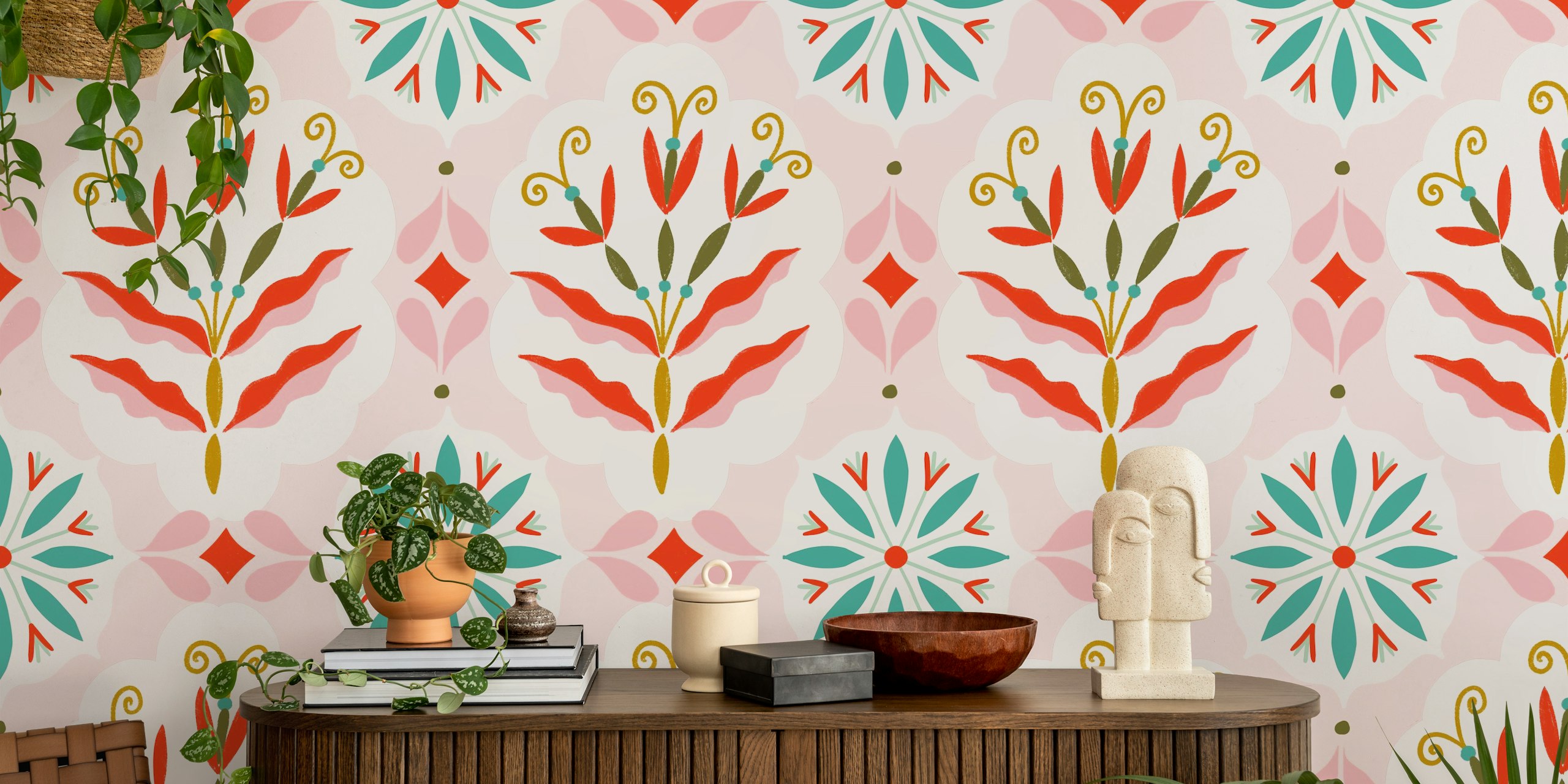 Floral damask wallpaper in pink, red, and teal colors featuring a cotton candy design.