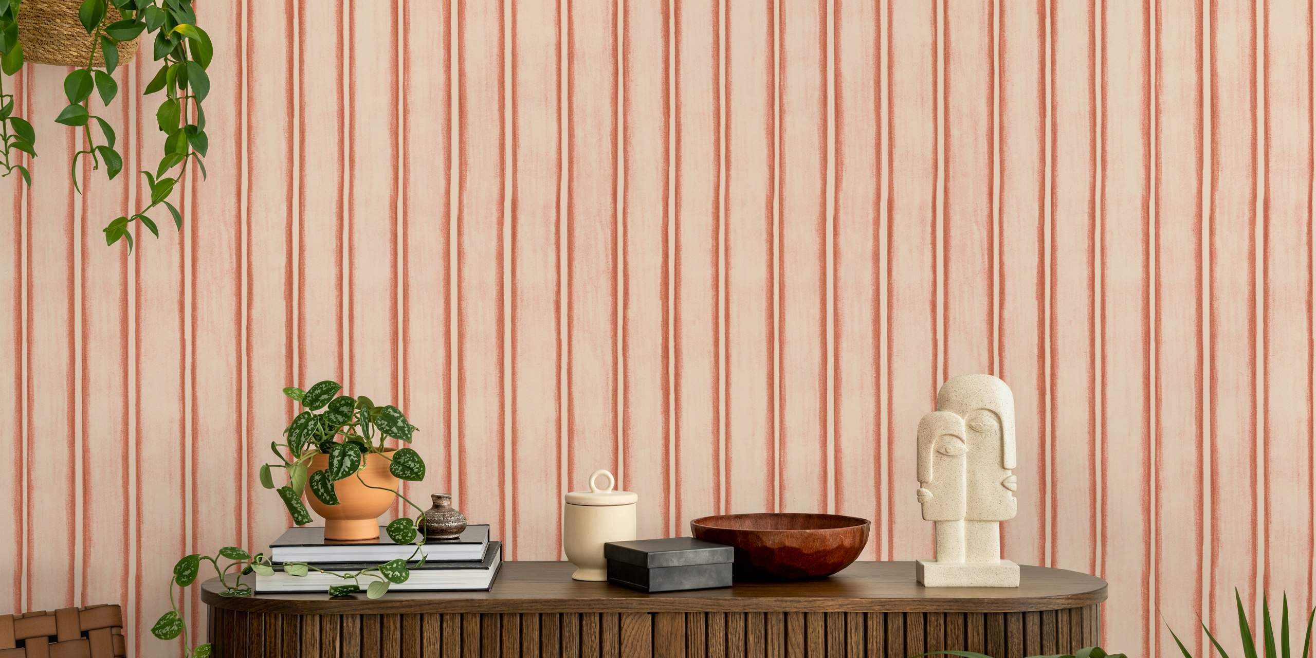 Dusty Tangerine Chalky Stripes wall mural with vertical patterns