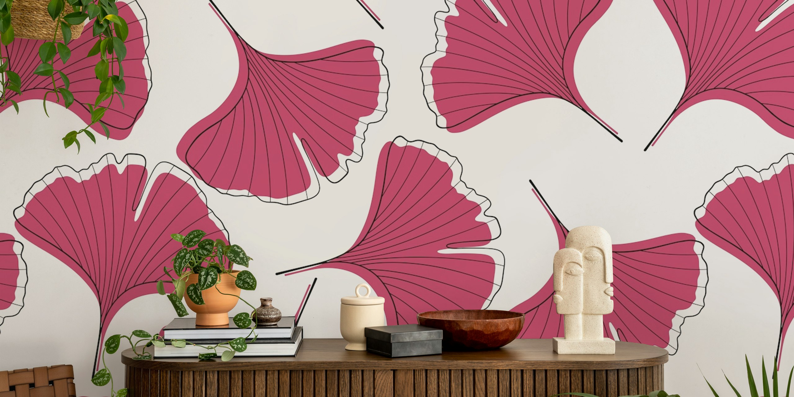 Pink Ginkgo Biloba leaves pattern on white background wallpaper