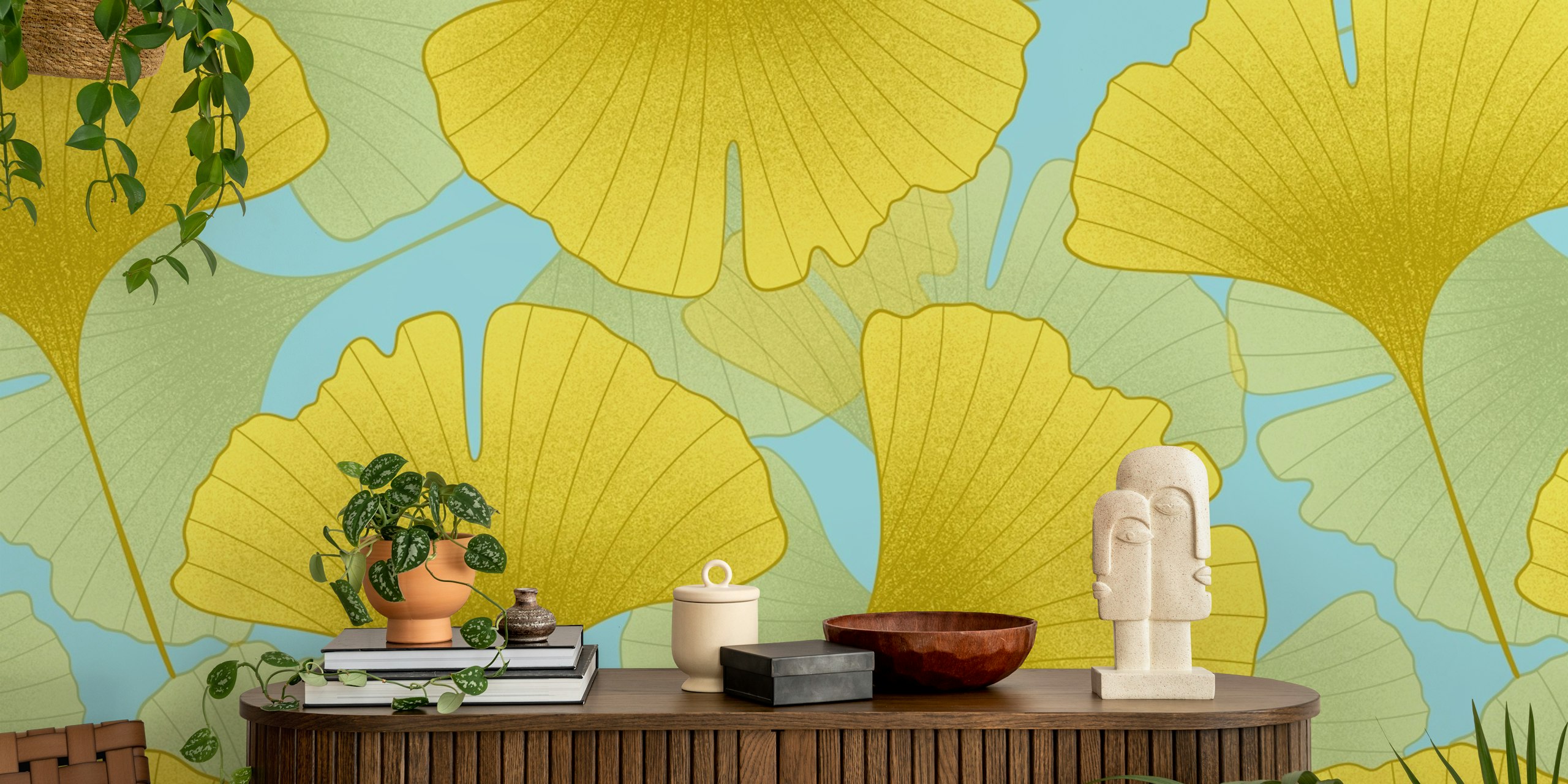 Fotomural hojas de Ginkgo Biloba en tonos amarillos y verdes