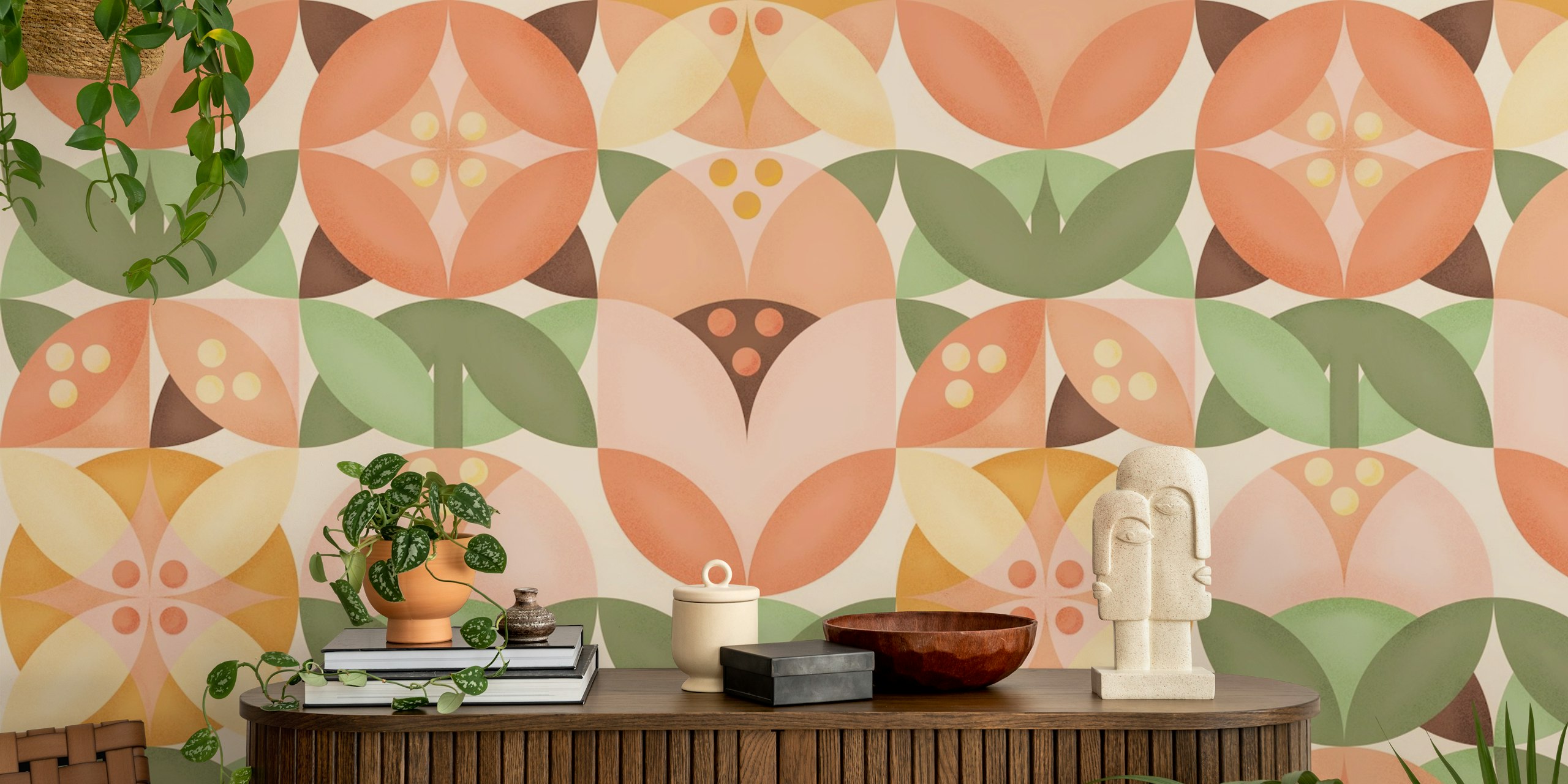 Mid-Century Modern Floral Wall Mural with Big Flowers in Earth Tones