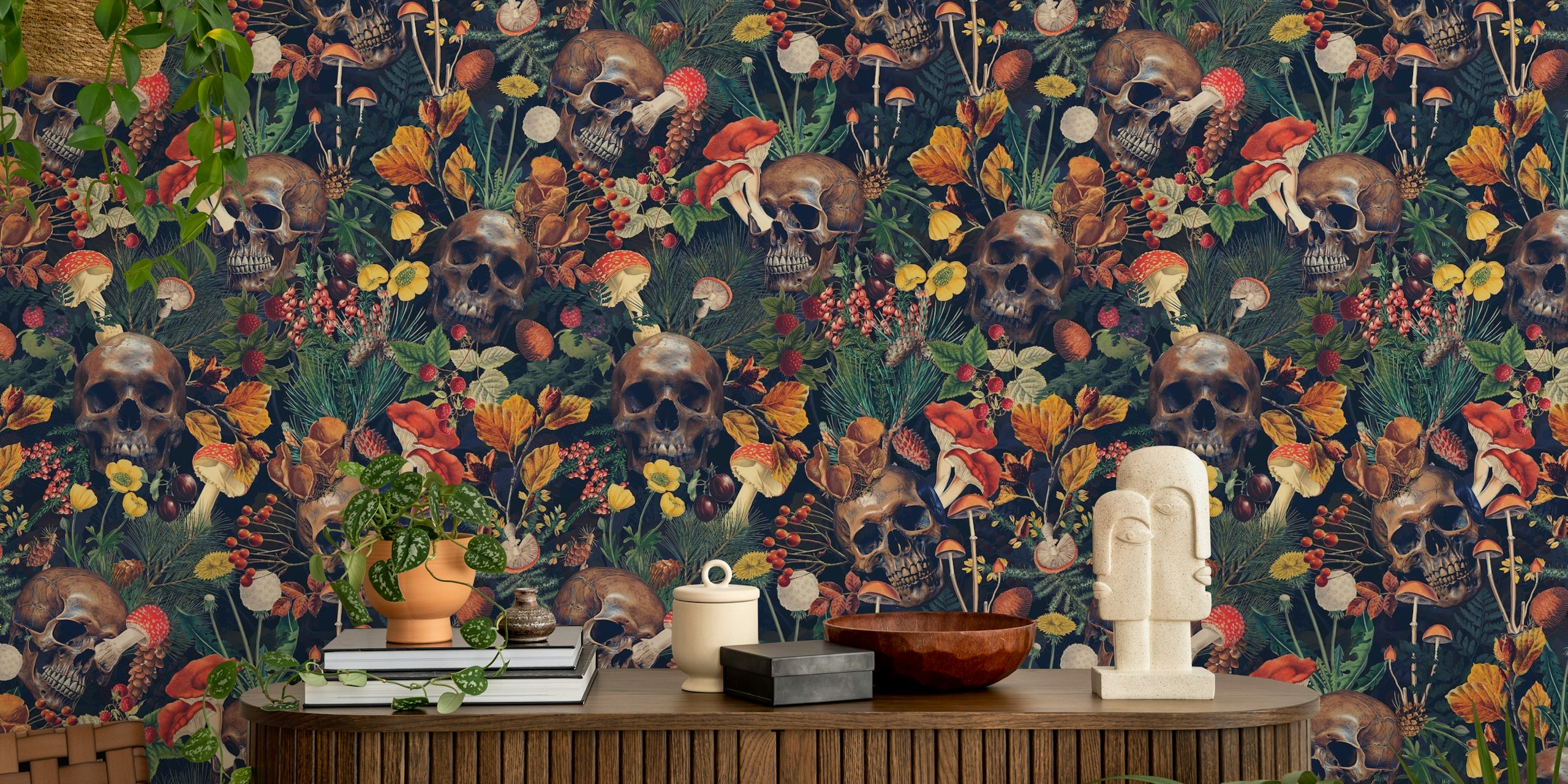 Mystic Forest wallpaper with skulls and mushrooms