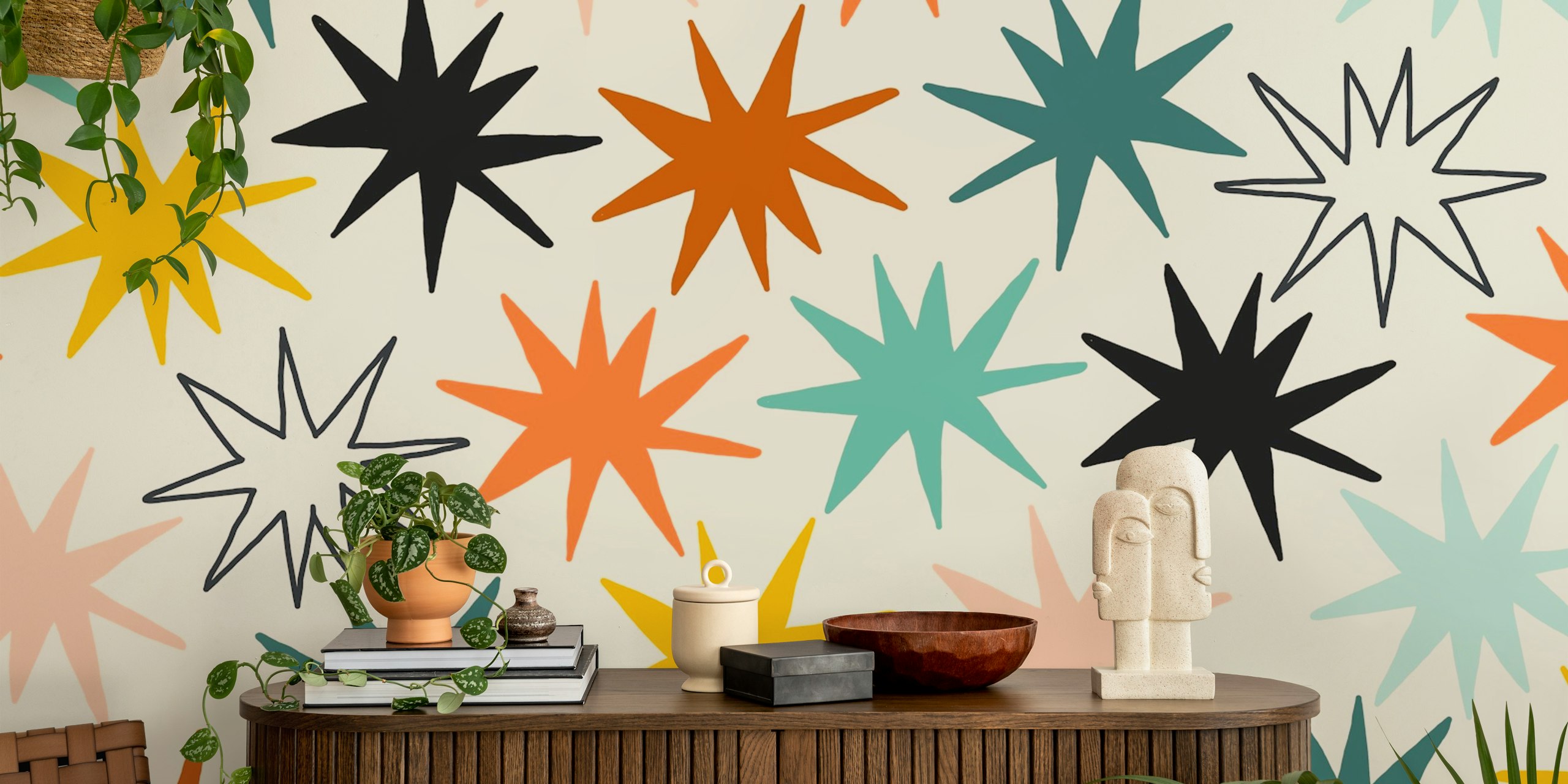 Colorful star pattern with teal, orange, yellow, and black shapes wallpaper