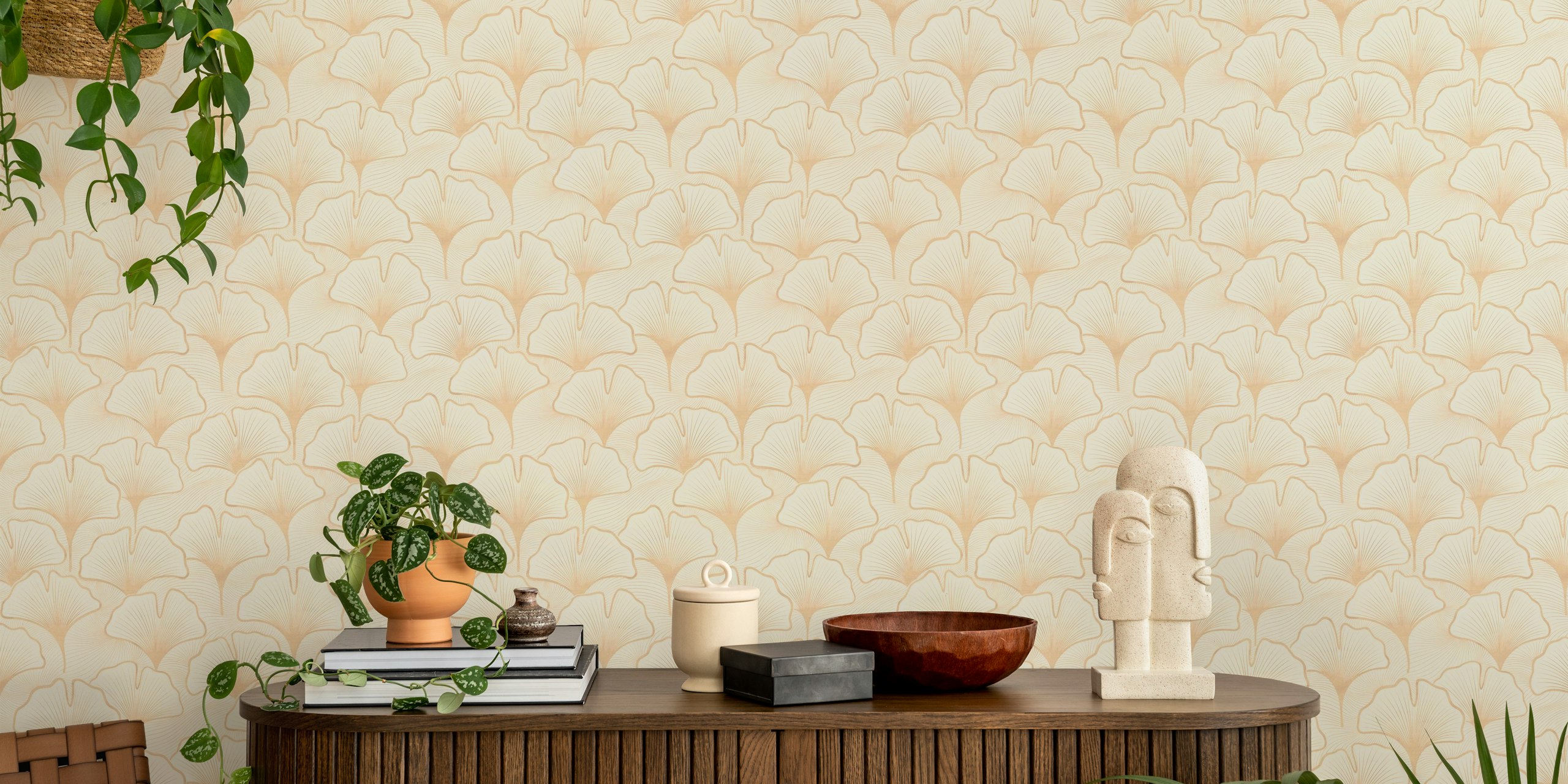 Stylized ginkgo leaves pattern in beige wallpaper