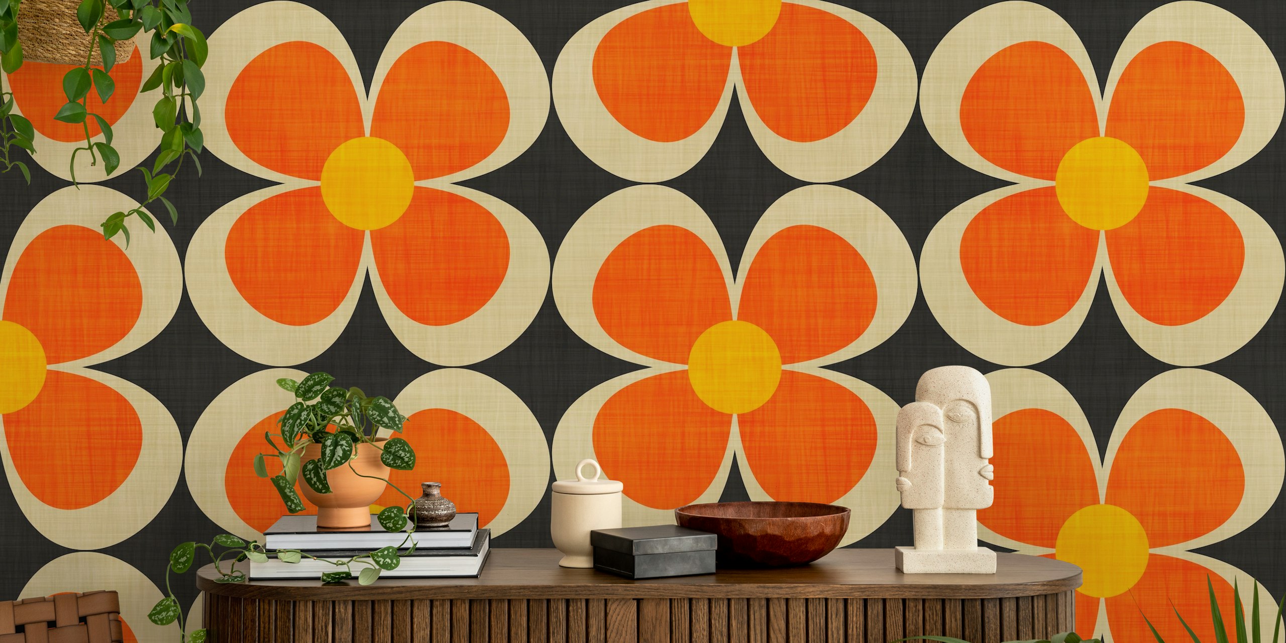 Groovy orange floral pattern with yellow details on brown wallpaper