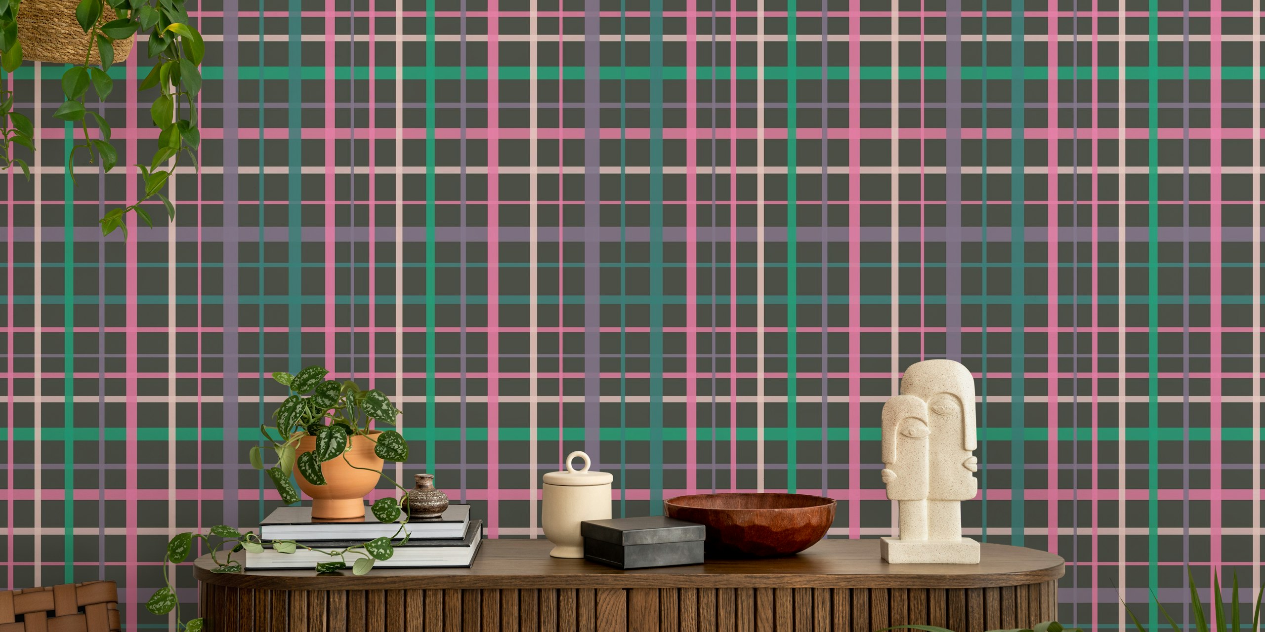 Moderne Mitternachts-Gingham-Wandgemälde in Lila und Grün