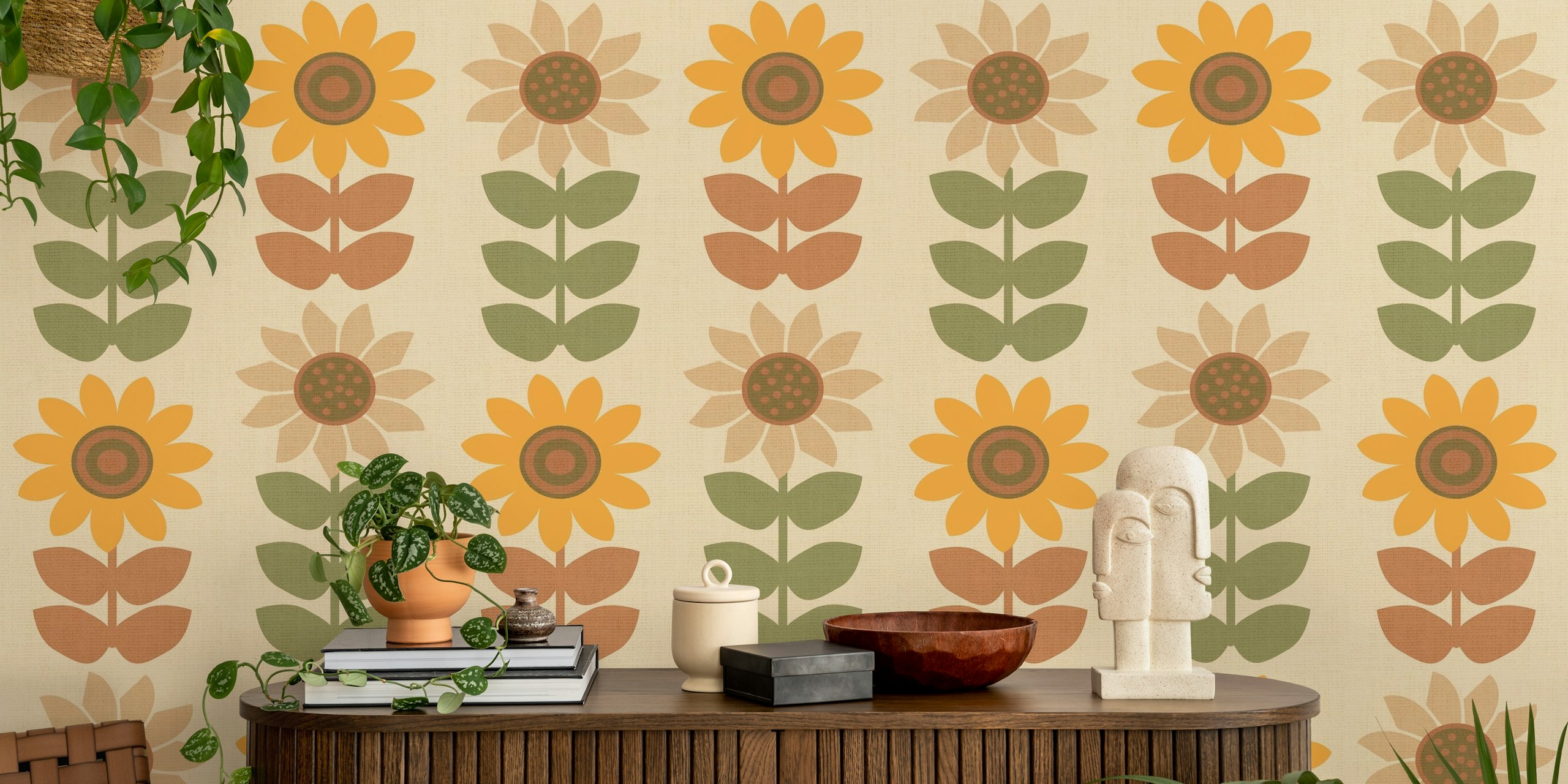 Retro-styled sunflowers σε φθινοπωρινές αποχρώσεις σε τοίχο