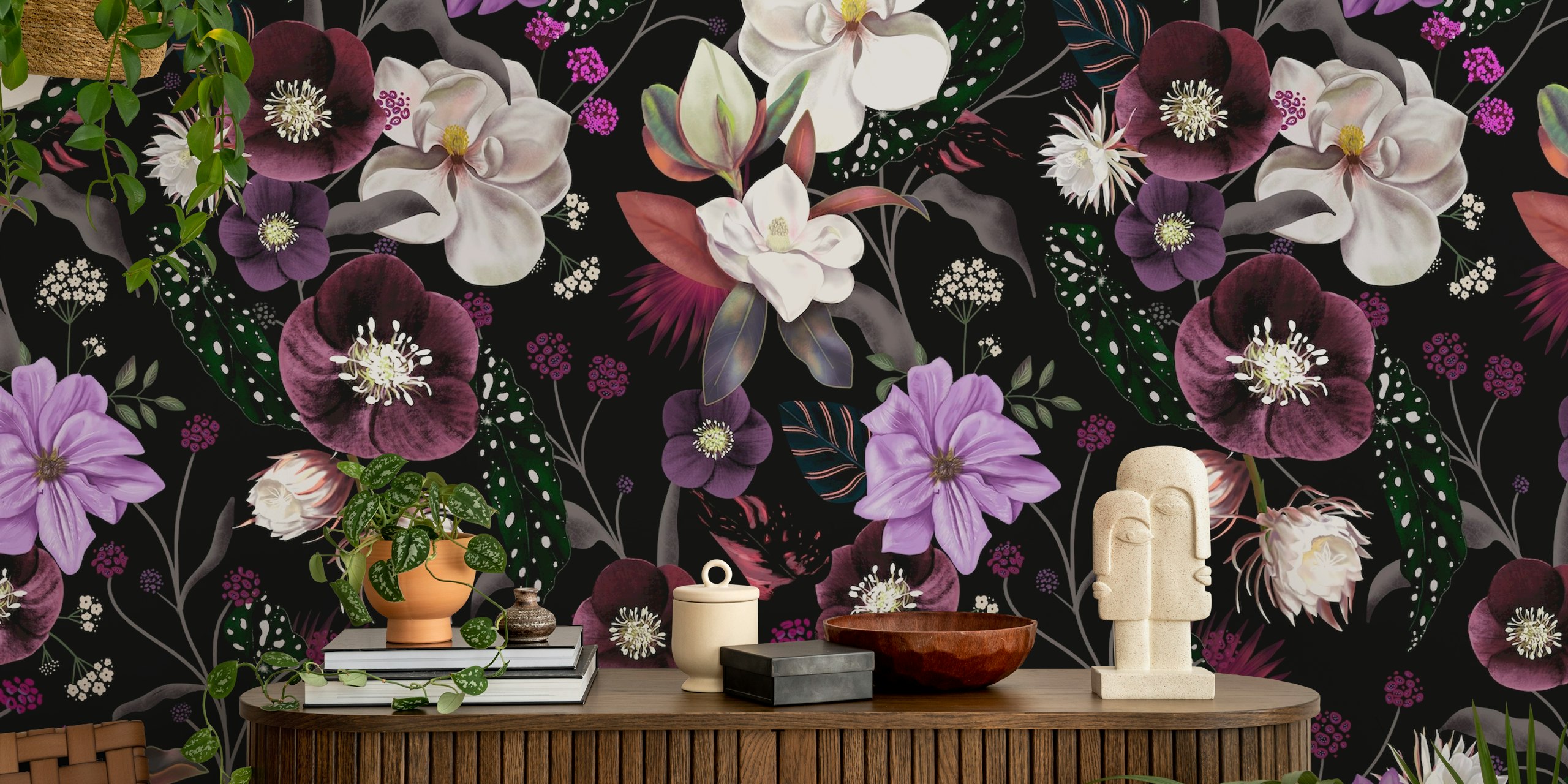 Black floral wallpaper featuring orchids and purple flowers with delicate leaves and stems