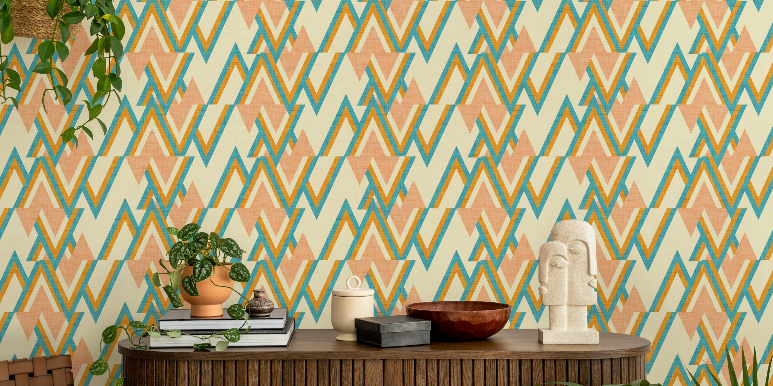 Retro mid-century modern geometric wall mural in pearl, peach, and aqua colors