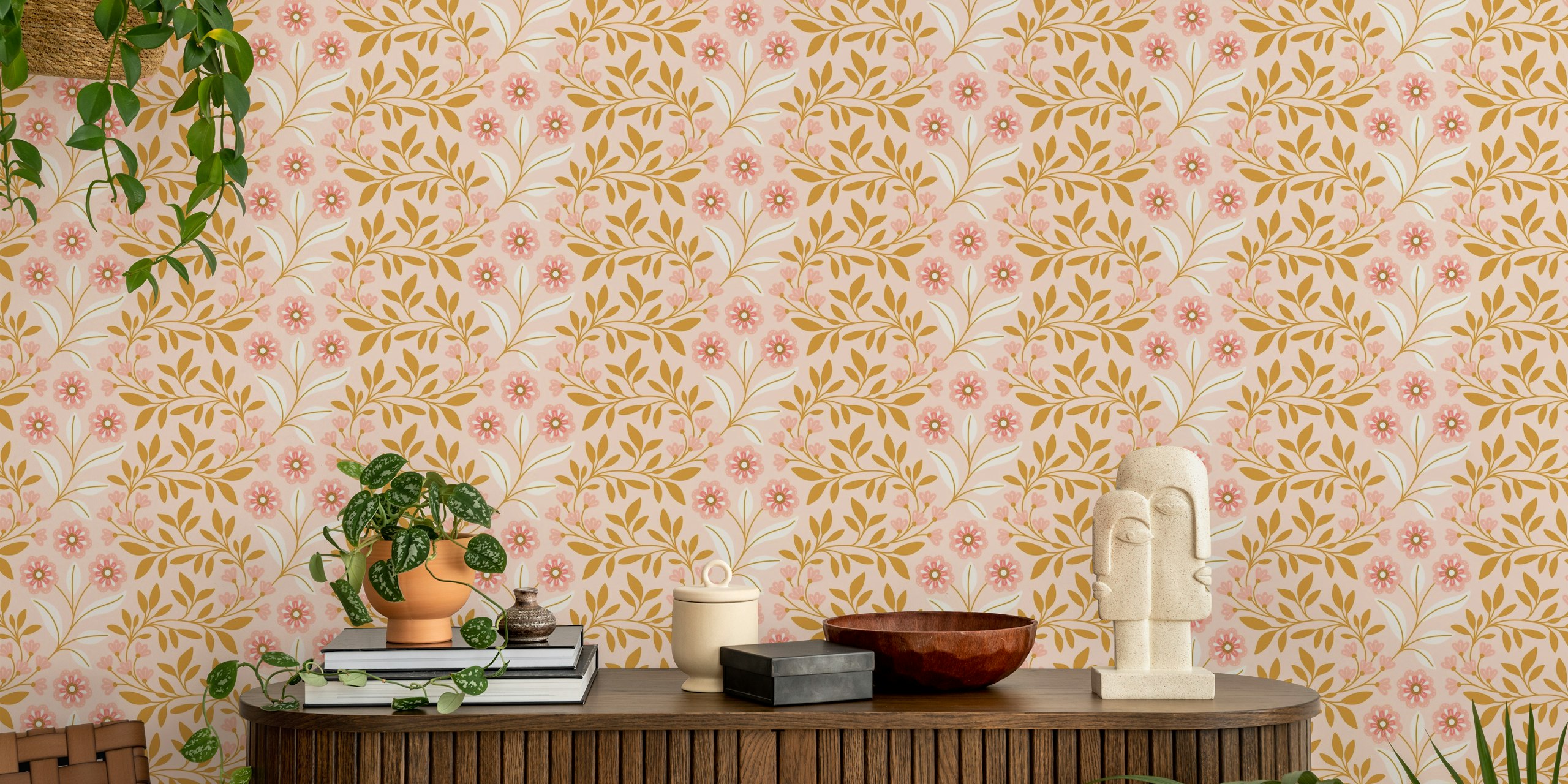 Pink floral pattern with leaves and flowers wallpaper