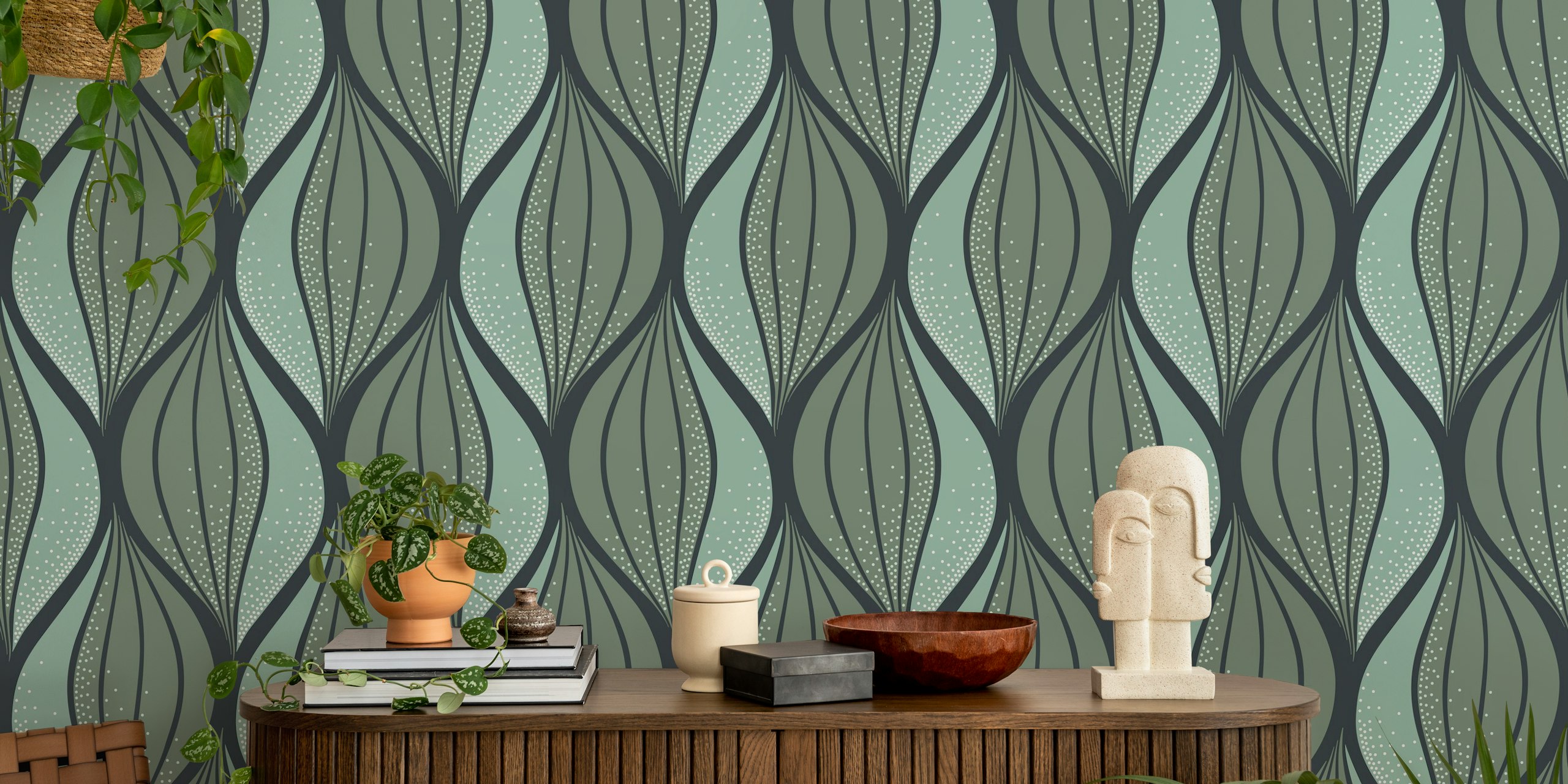 Flowing Leaves τοίχο Μωσαϊκό σε Sage Green και Midnight Blue με Στιγμιότυπα