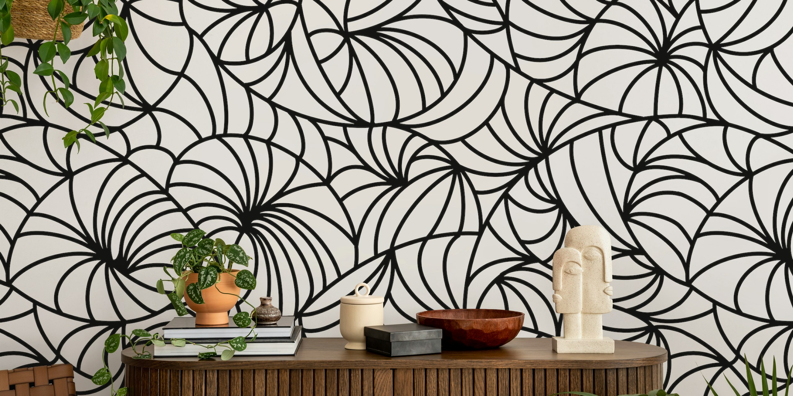 Motifs en doodles noirs sur fond blanc, style moderne wallpaper