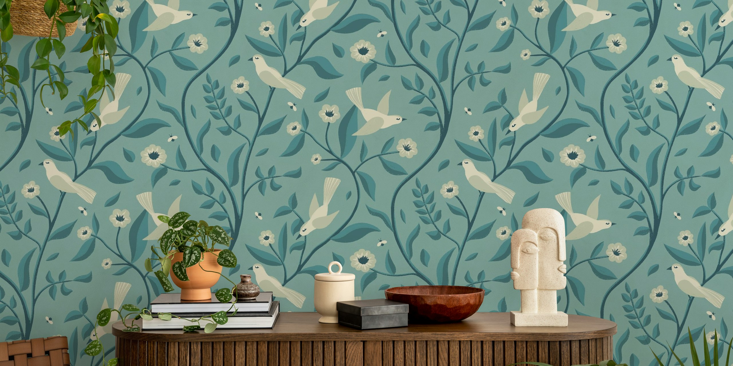 Birds in the Forest behang in teal blue green