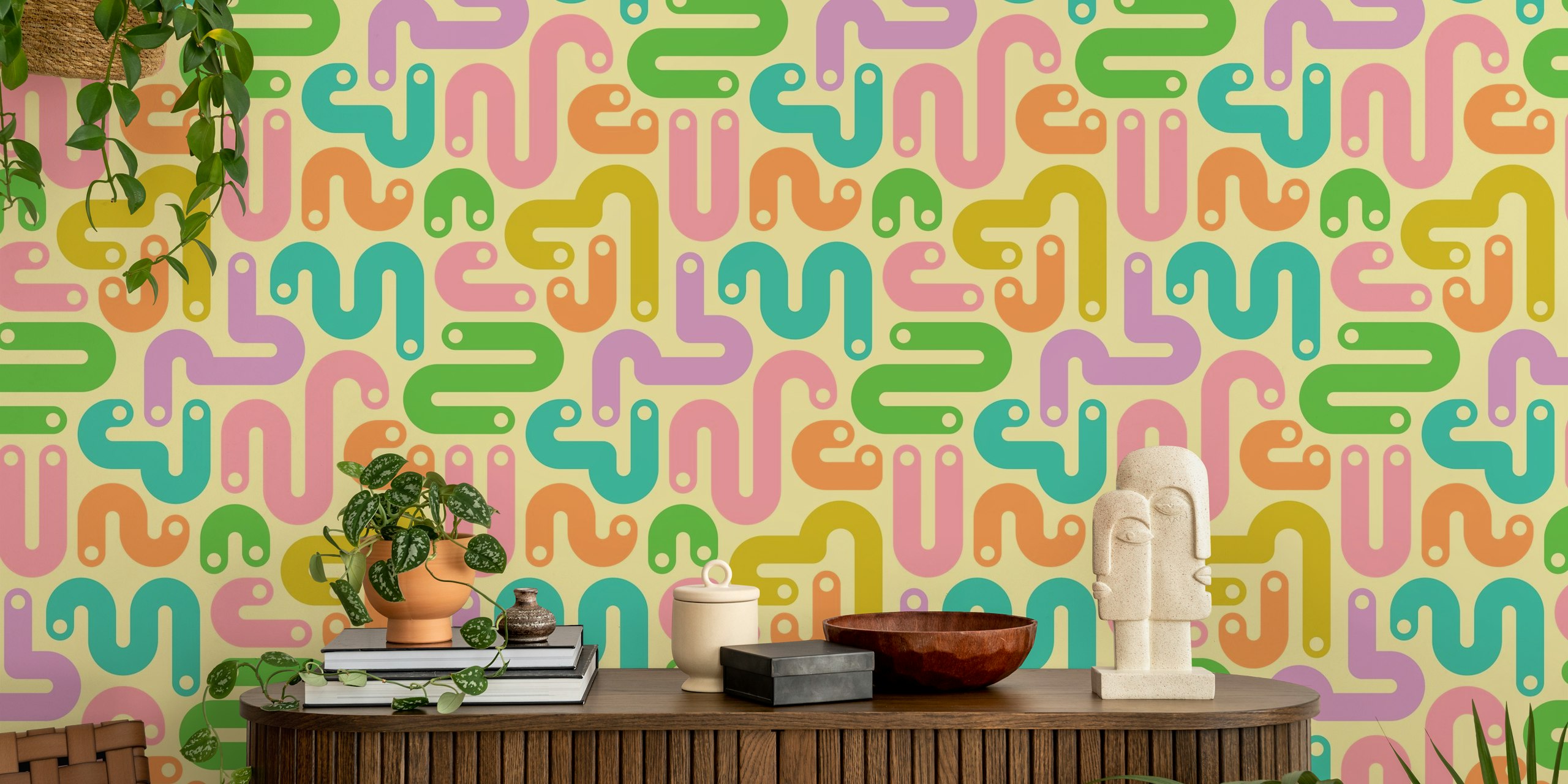 Curvy abstract pattern in pastel colors on cream wallpaper