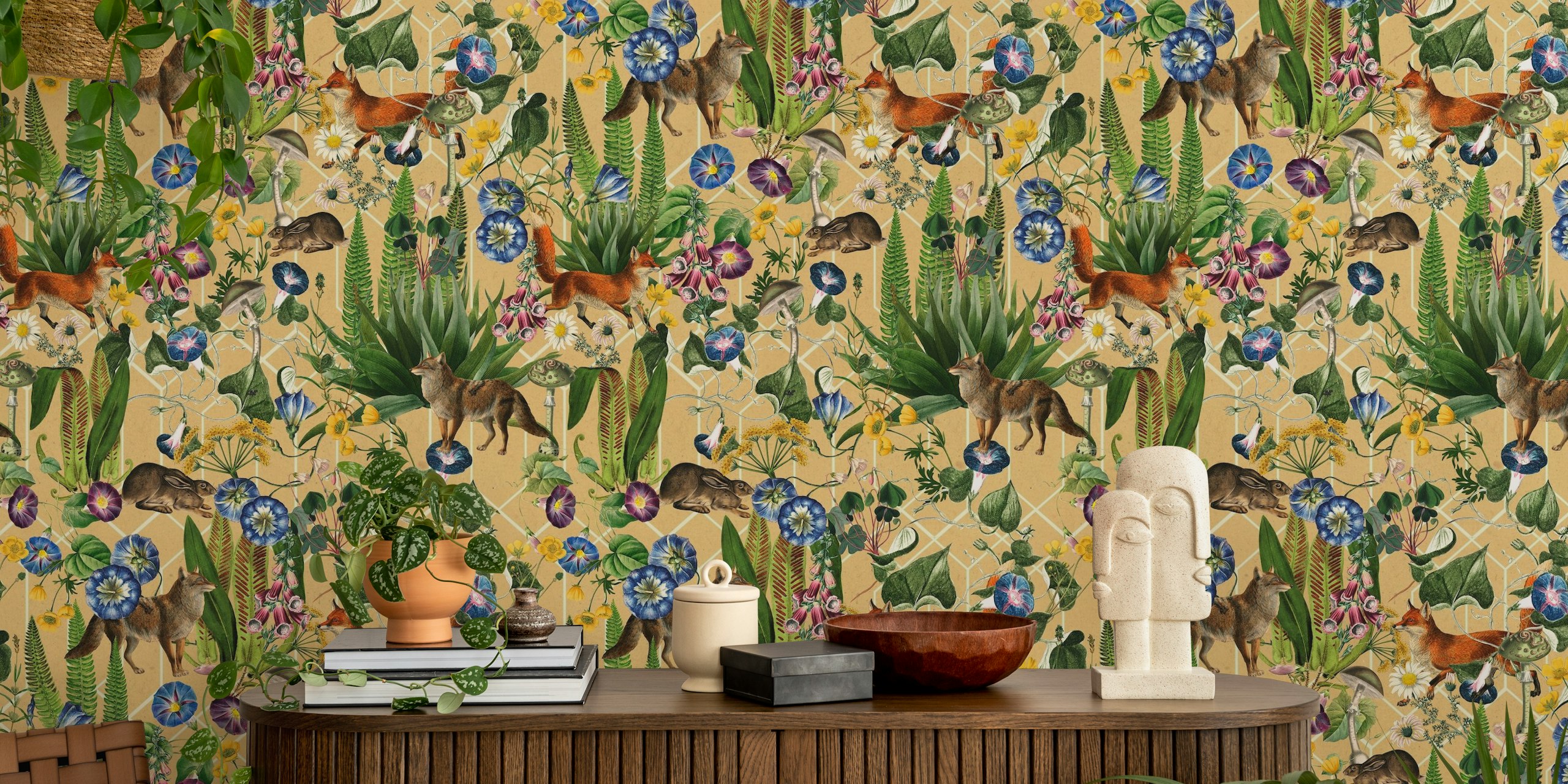 Colorful floral and animal wallpaper with foxes and rabbits