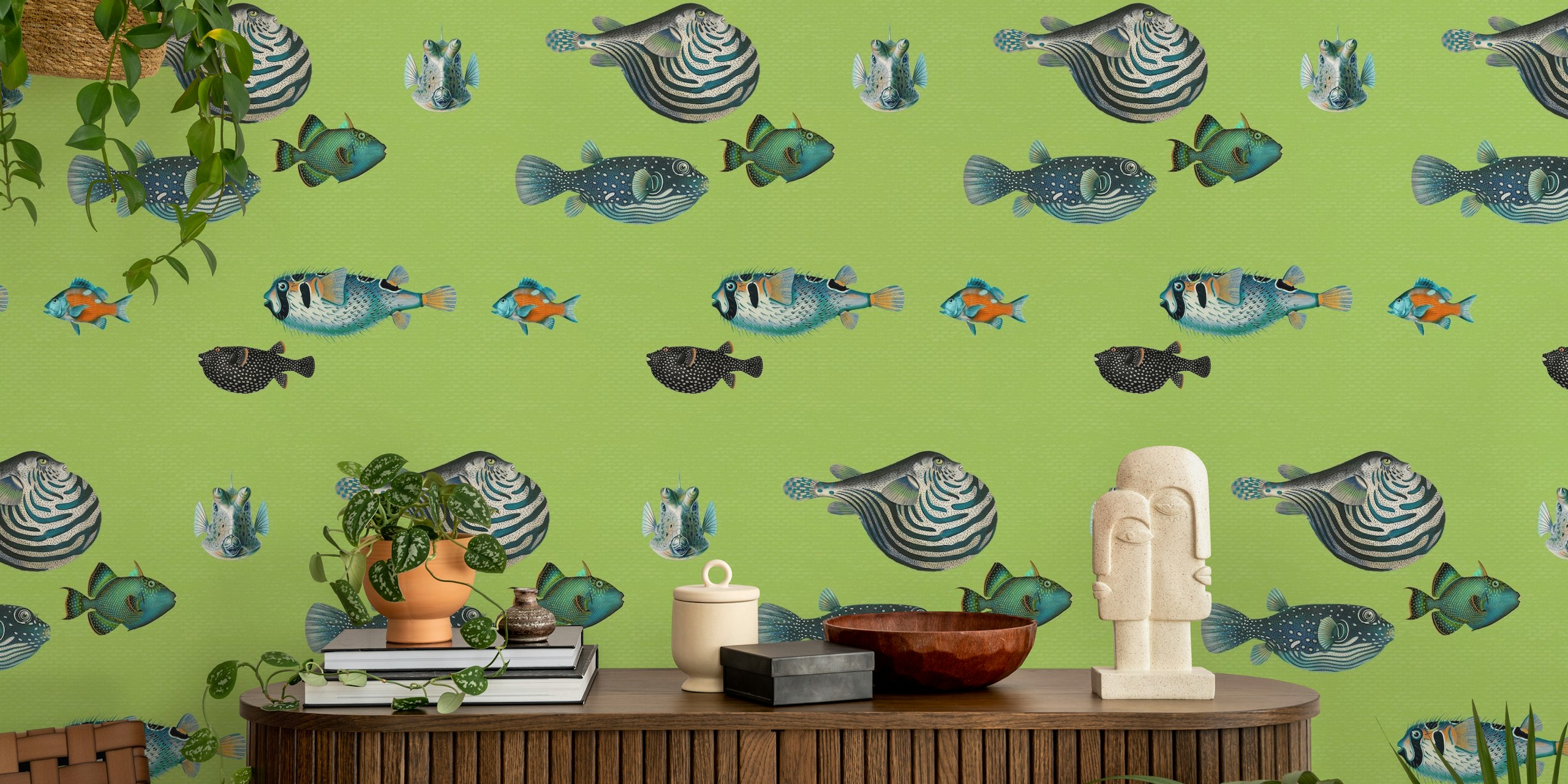 Underwater fish pattern wall mural on apple green background