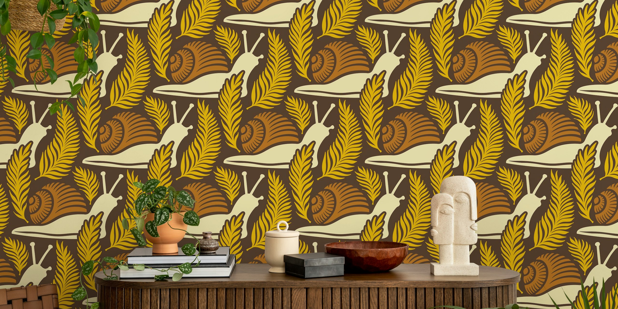 Snails and ferns in brown with green accents wallpaper