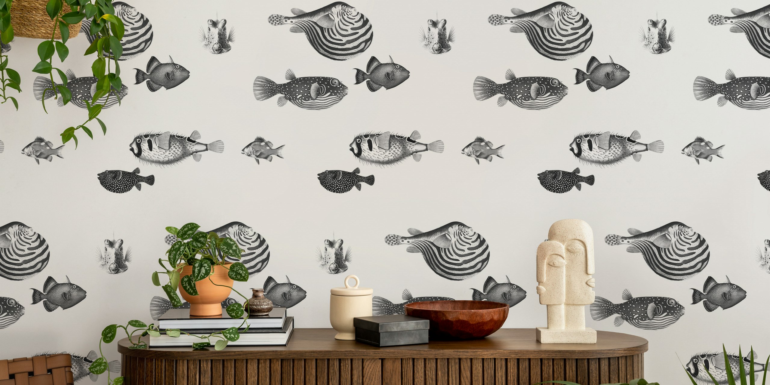 Carta da parati con motivo Acquario Fish in bianco e nero con varie specie