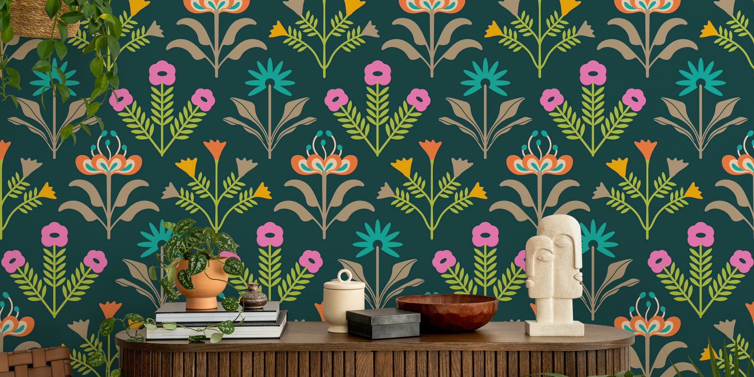 Teal floral wallpaper with pink and orange flowers in mid-century style