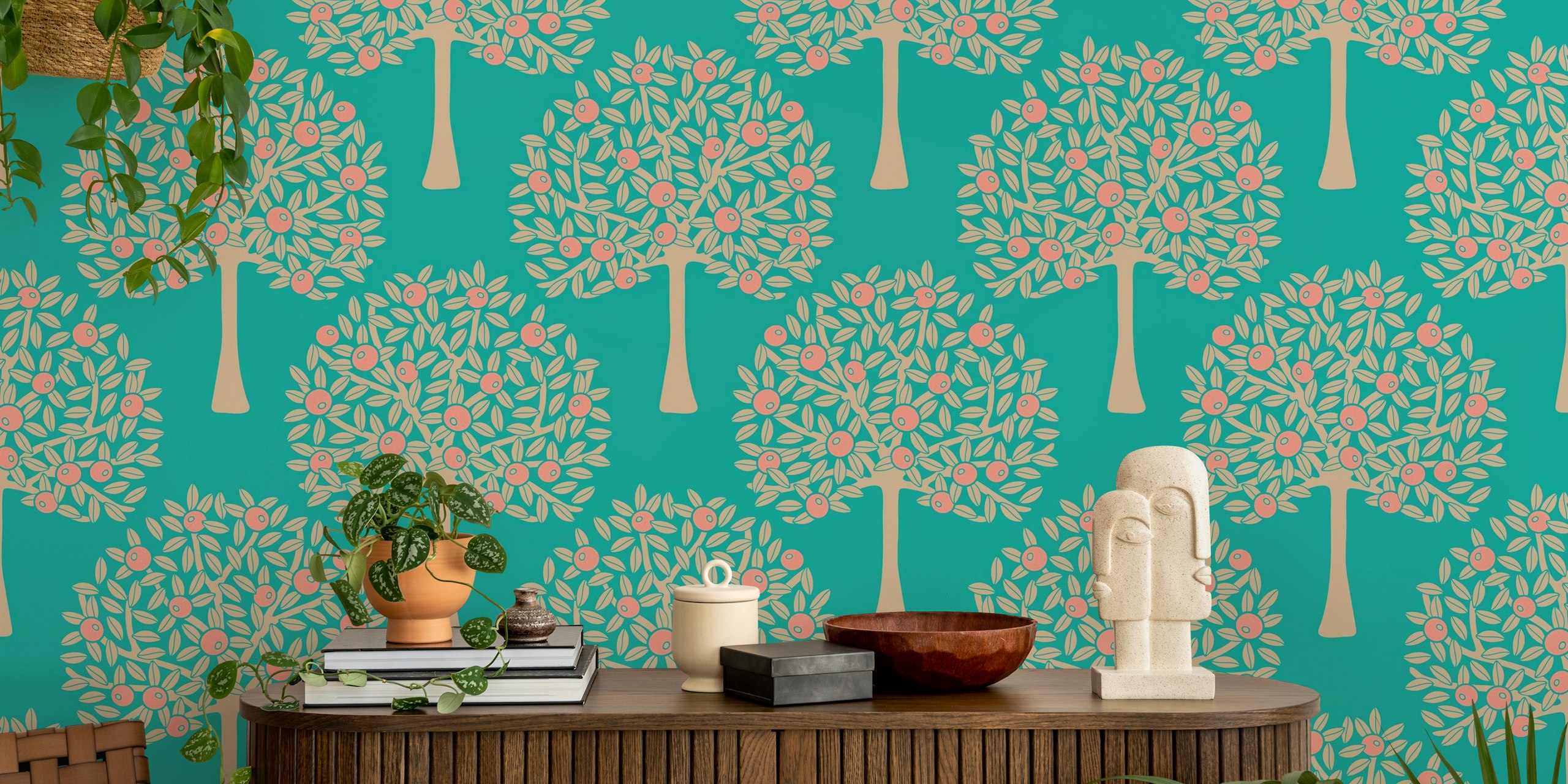 Citrus tree pattern with peach fruit and green leaves on turquoise wallpaper