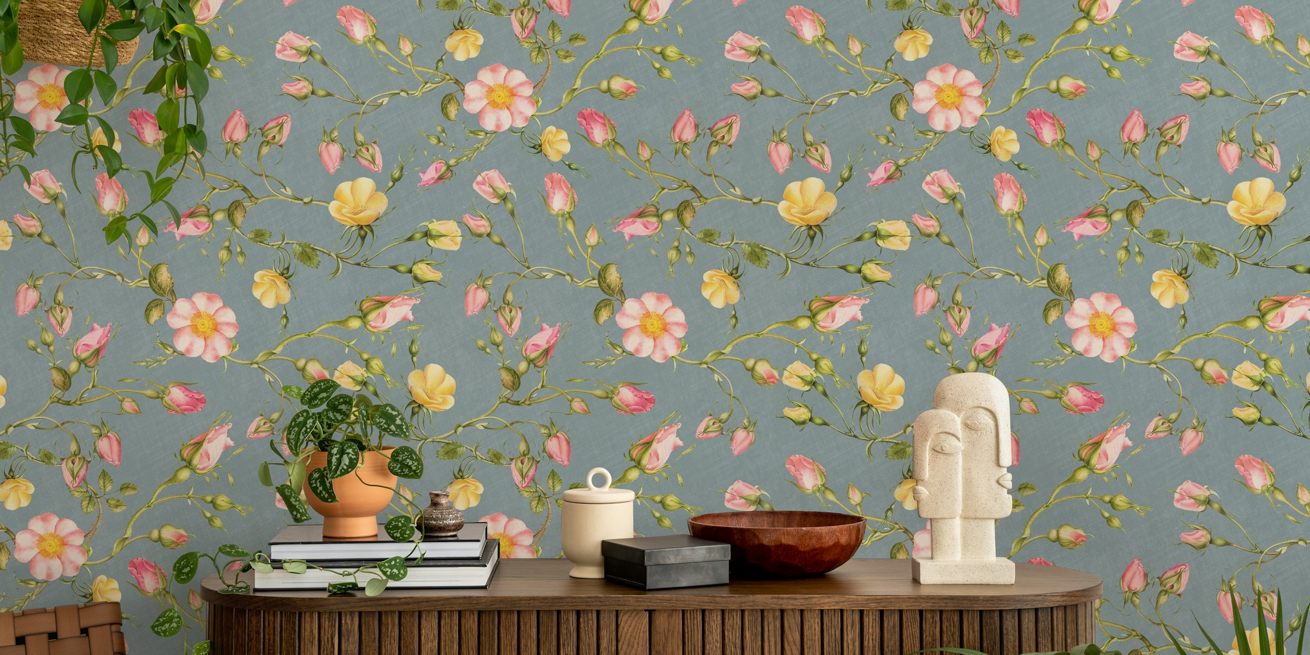 Vintage Roses veggmaleri med skiferblå bakgrunn