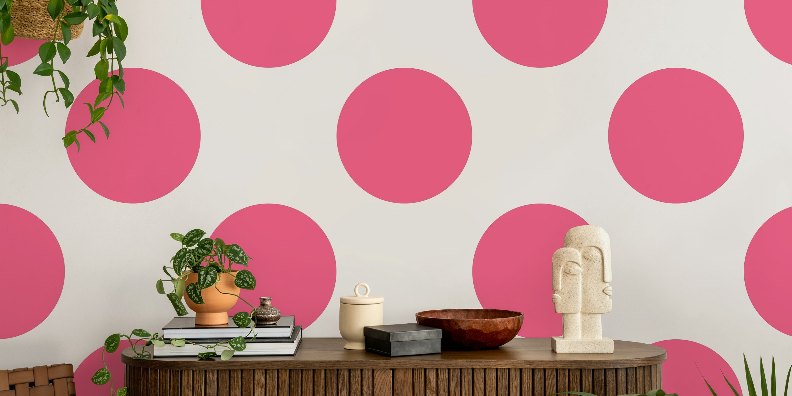 Hot pink polka dots on a white background wallpaper