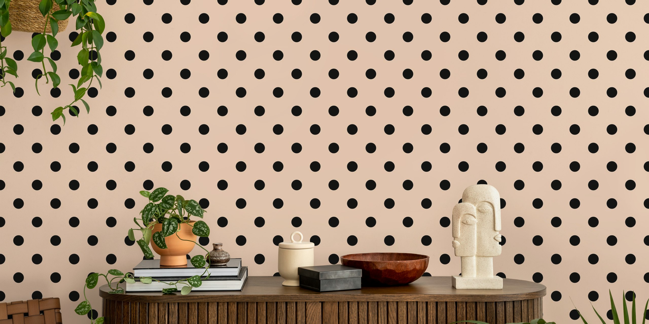 Polka Dots - Black dots on Pink background wall mural