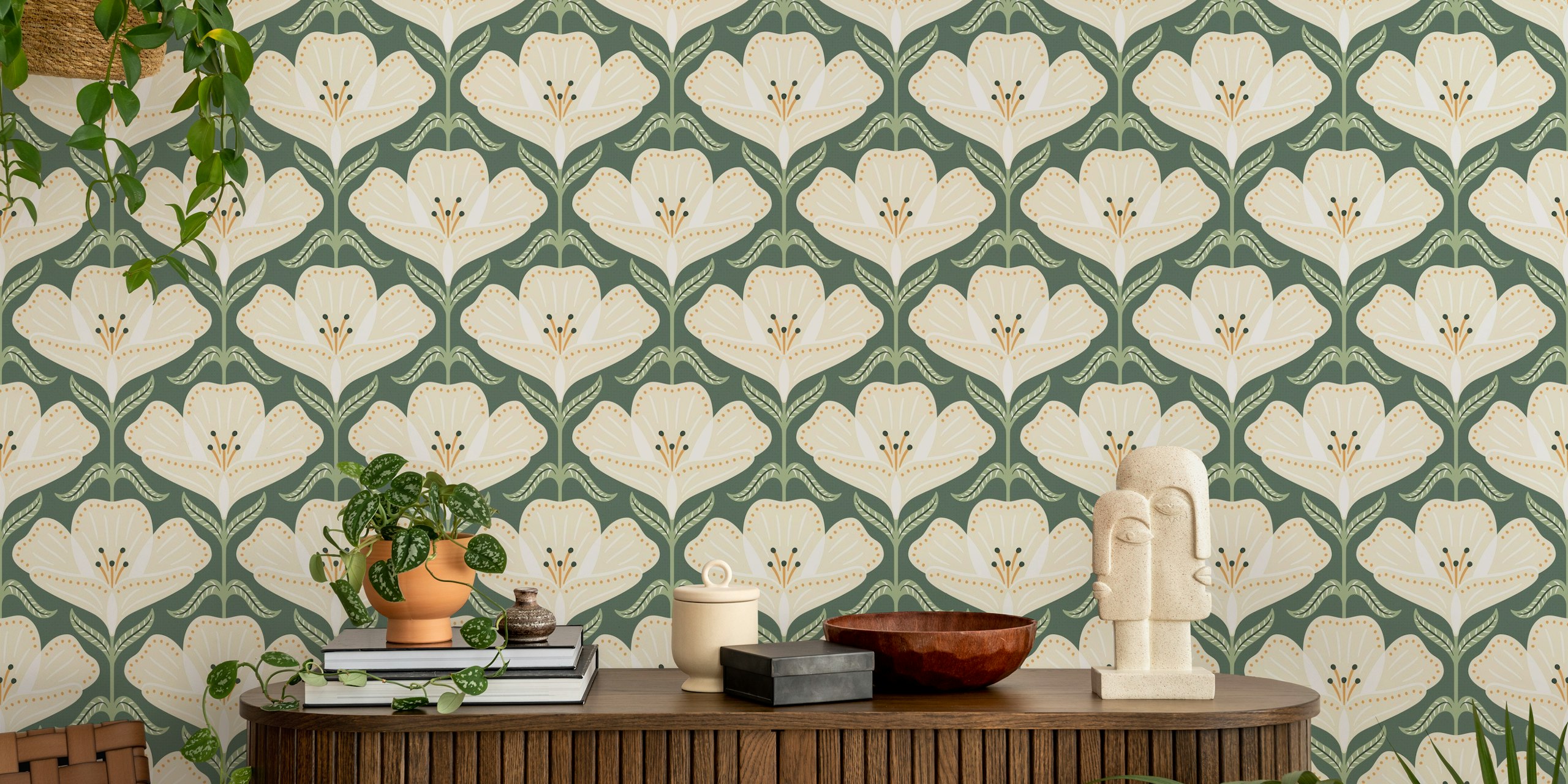 Buttercup green wallpaper with floral design