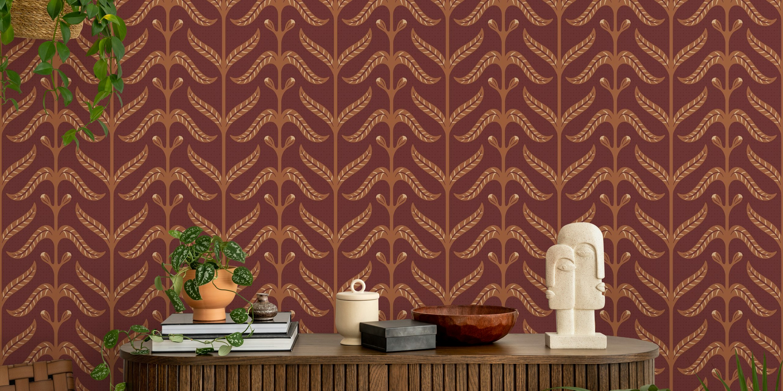 Red wallpaper with floral leaf pattern in shades of brown and beige