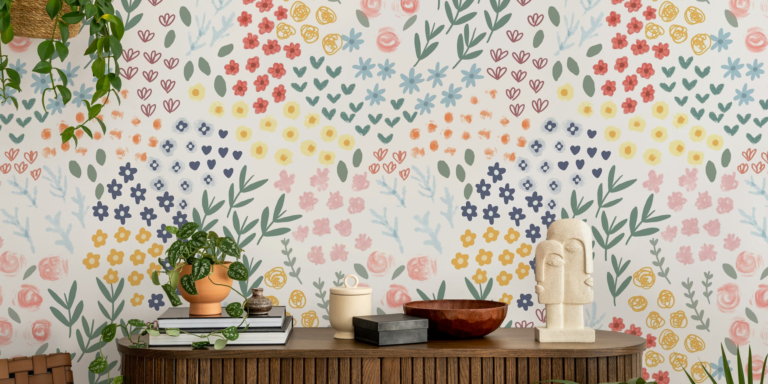 Patchwork blommig tapet med en pastellpalett av stiliserade blommor och växter