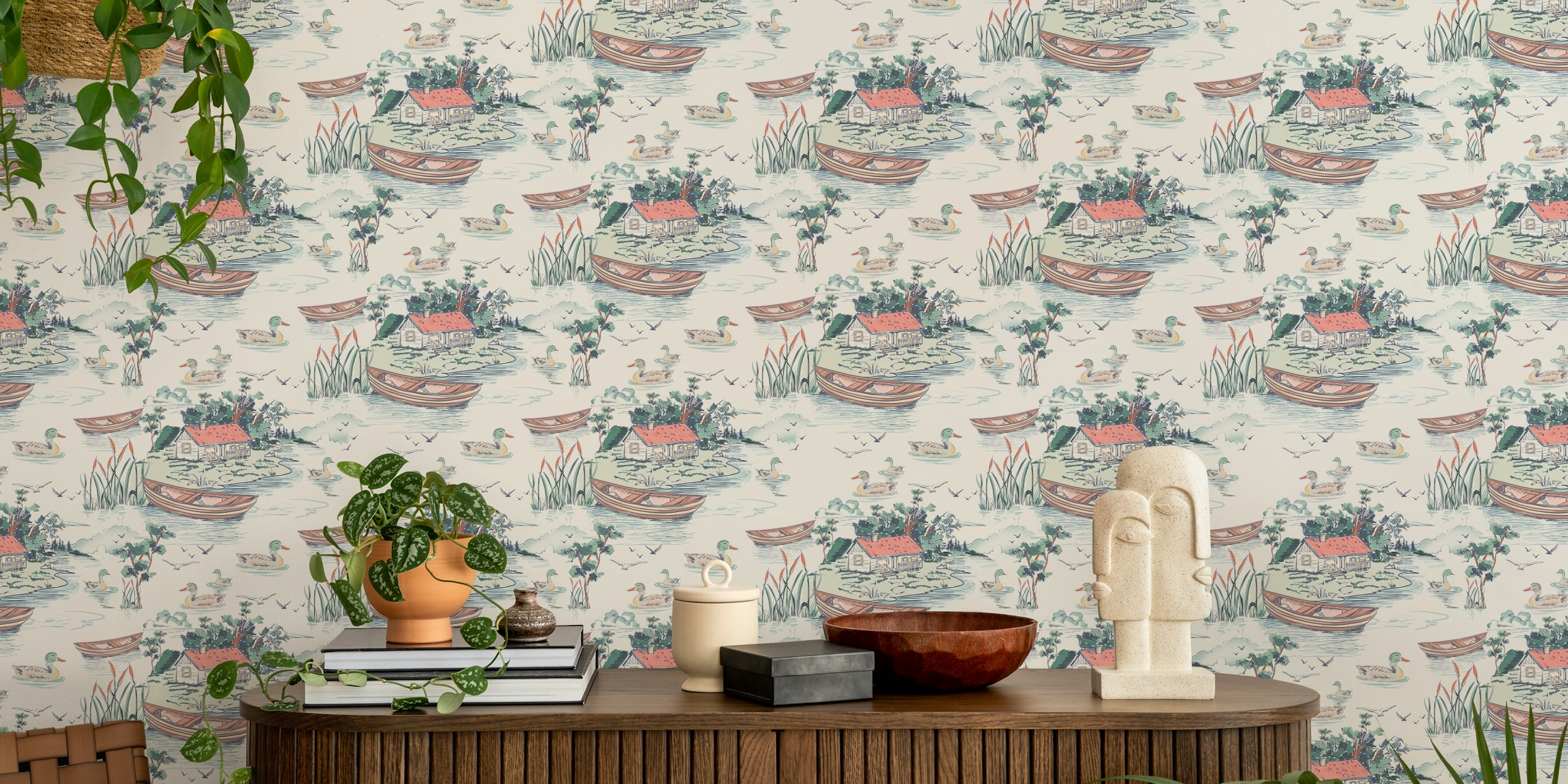 Vintage lake scene wallpaper with boats, ducks, and cabins