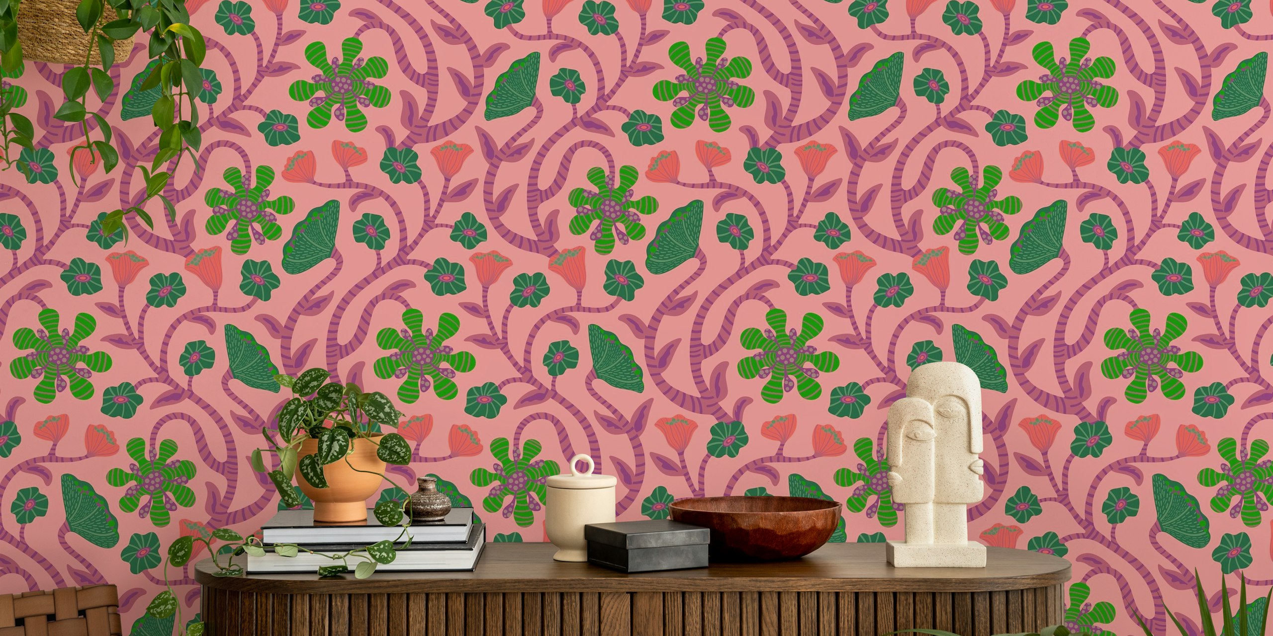 Fantasy floral pink wallpaper in a room