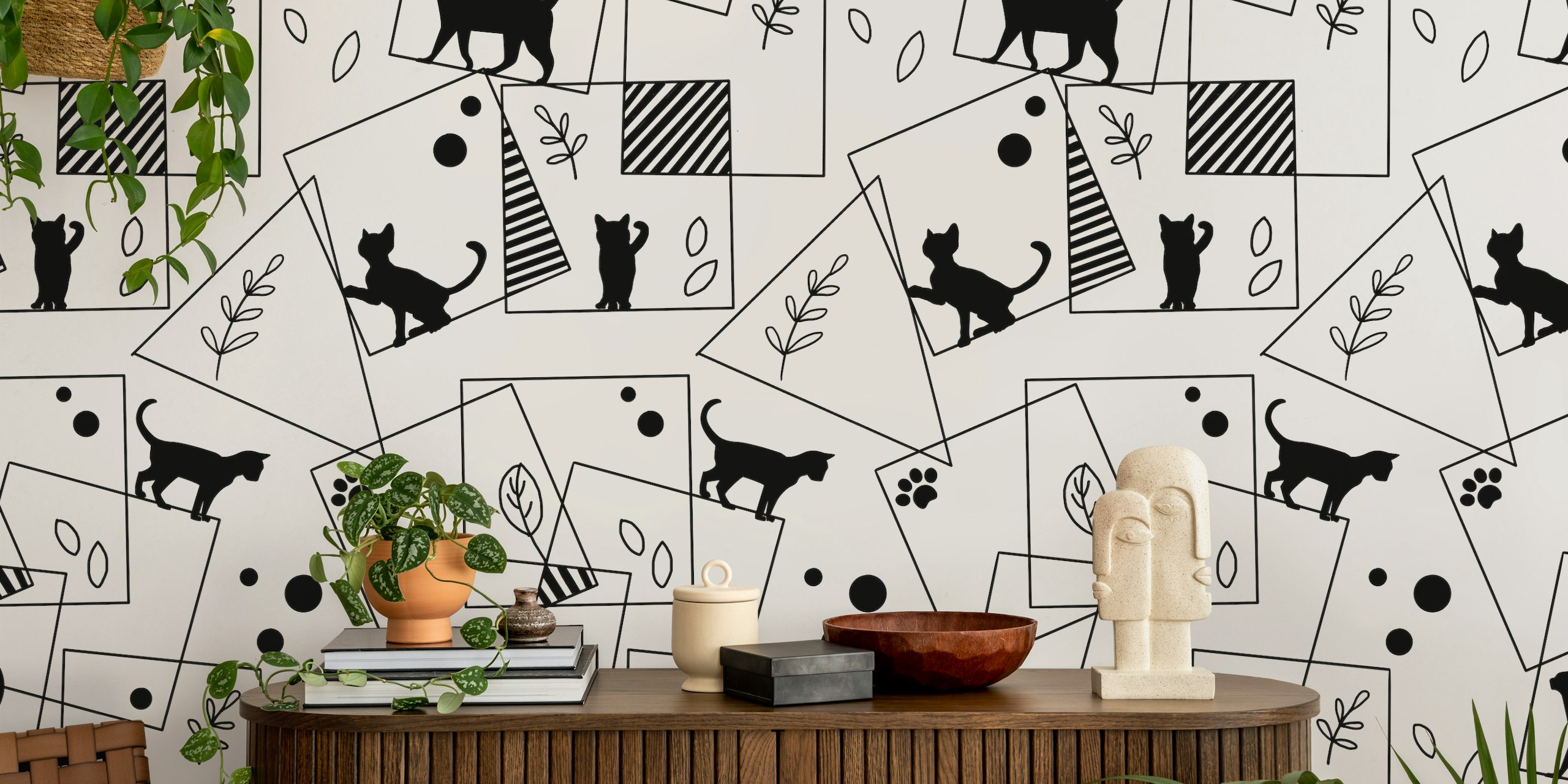 Black silhouette cats on white background with abstract shapes wallpaper