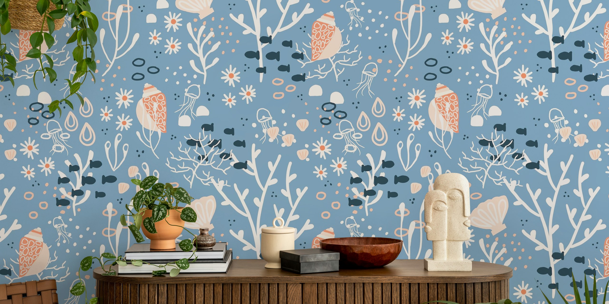 Fotomural de conchas y motivos marinos sobre fondo azul