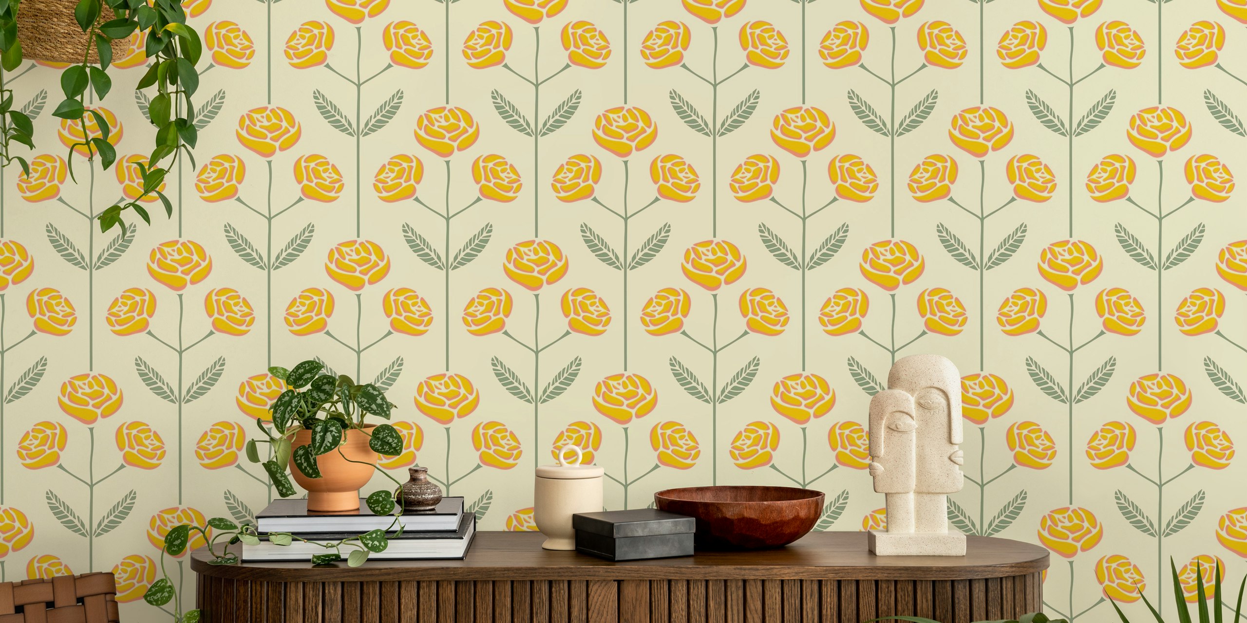 Lola Retro Rose Mid-Century Floral - Yellow Blommig Tapet Med Retro Ros Design