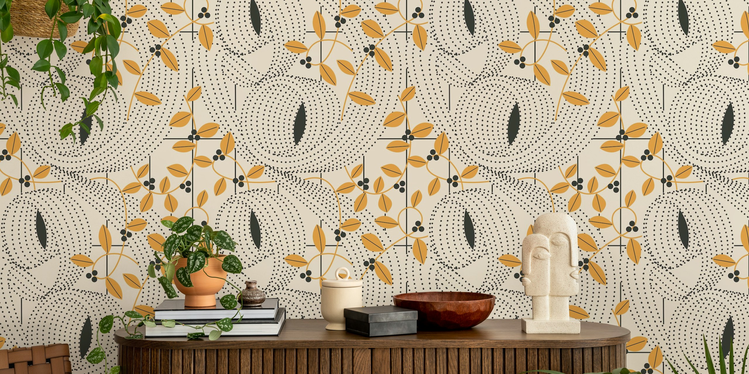 Botanical pattern with black leaves and goldenrod accents on cream background wallpaper