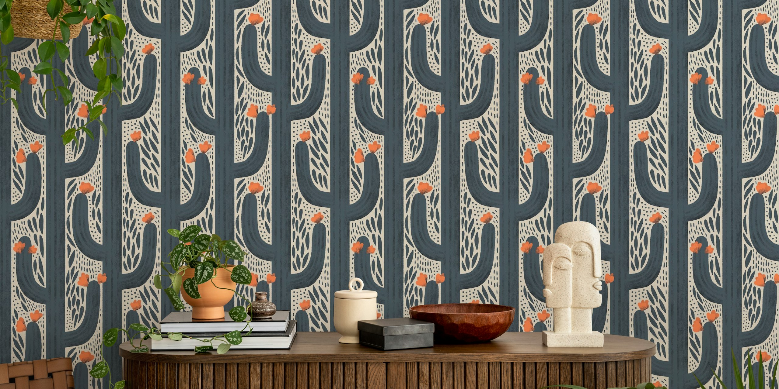 Navy background with orange cactus flowers in a modern pattern wallpaper