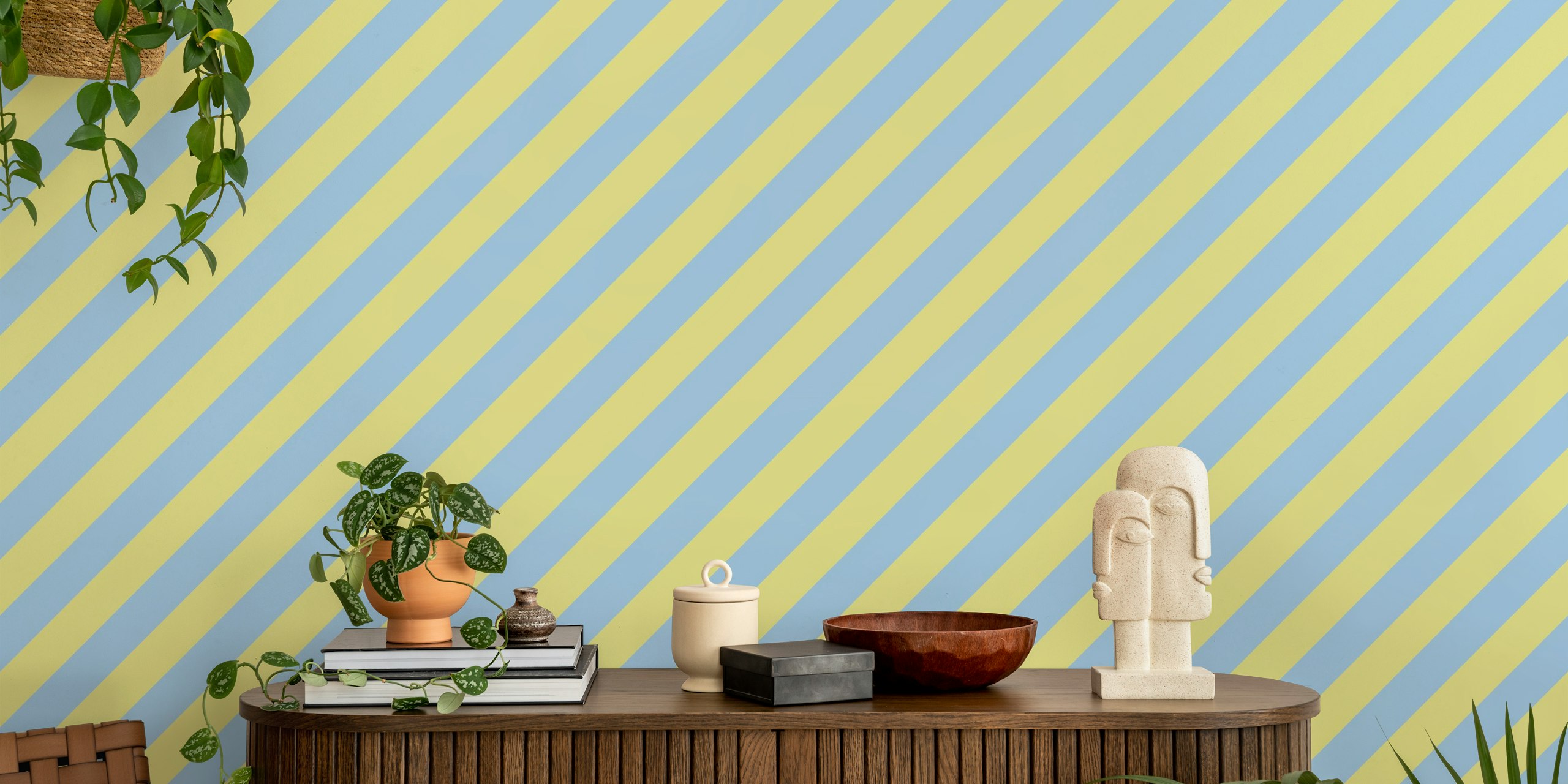 Blue and yellow diagonal striped wall mural creating a bold and vibrant backdrop