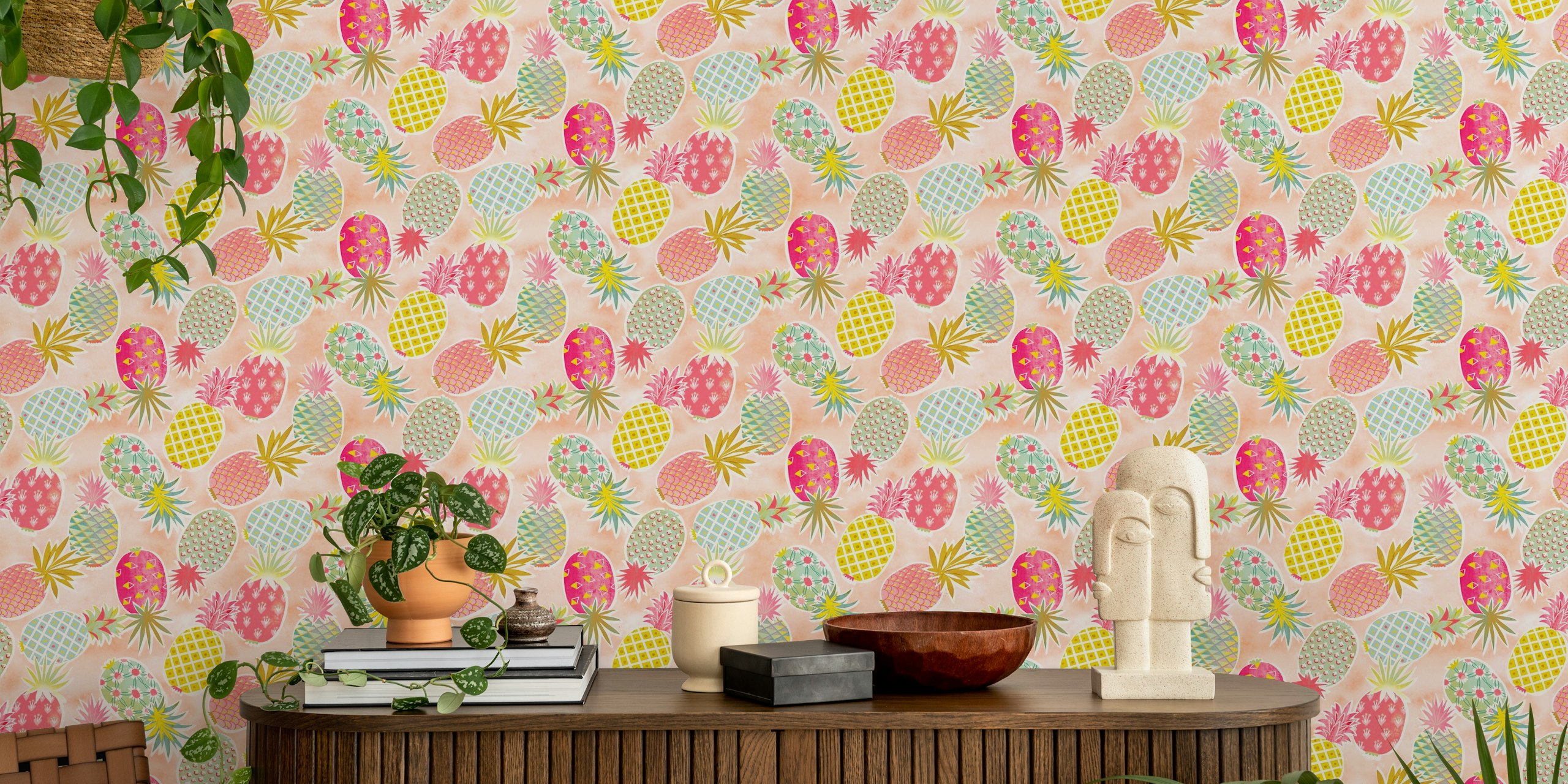 Pastel tropical pineapples wallpaper in a room