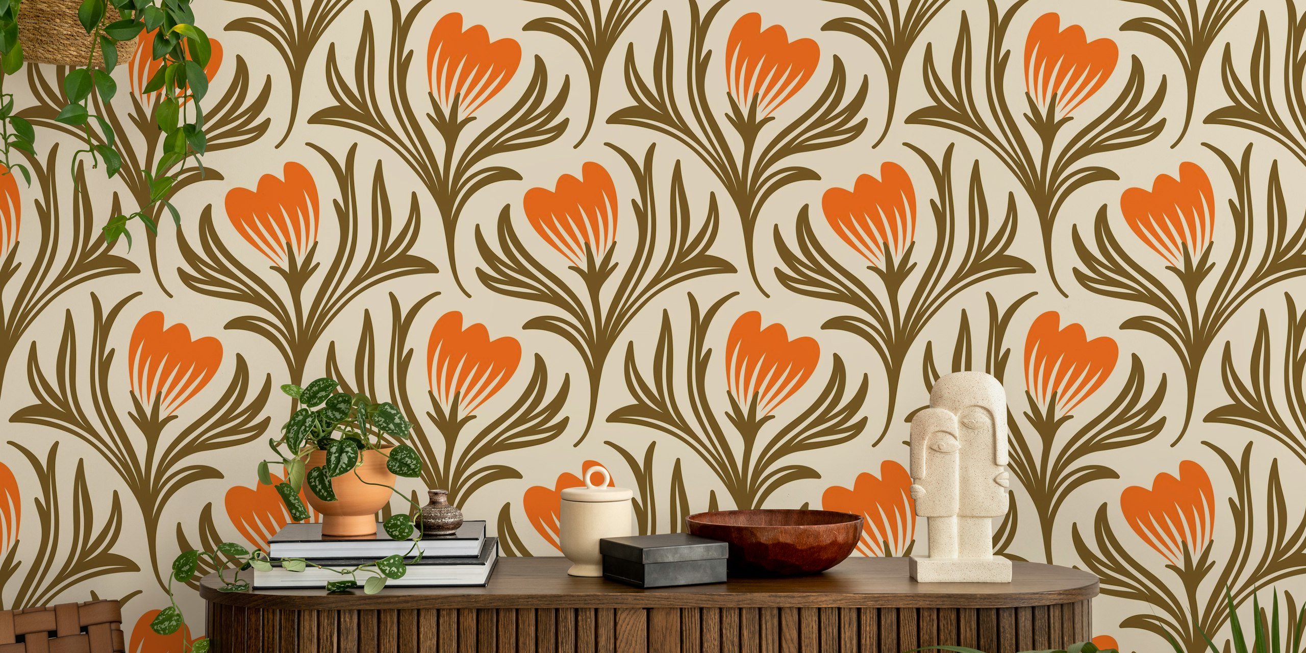 Hand drawn wildflowers pattern wallpaper in a room