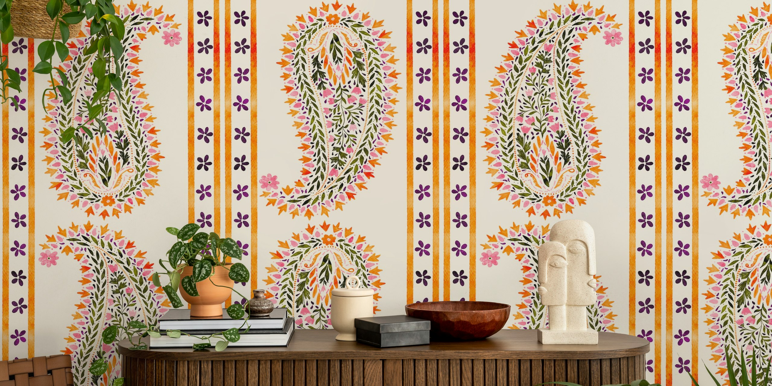 Colorful paisley patterns with flowers in pink, green, and orange wallpaper