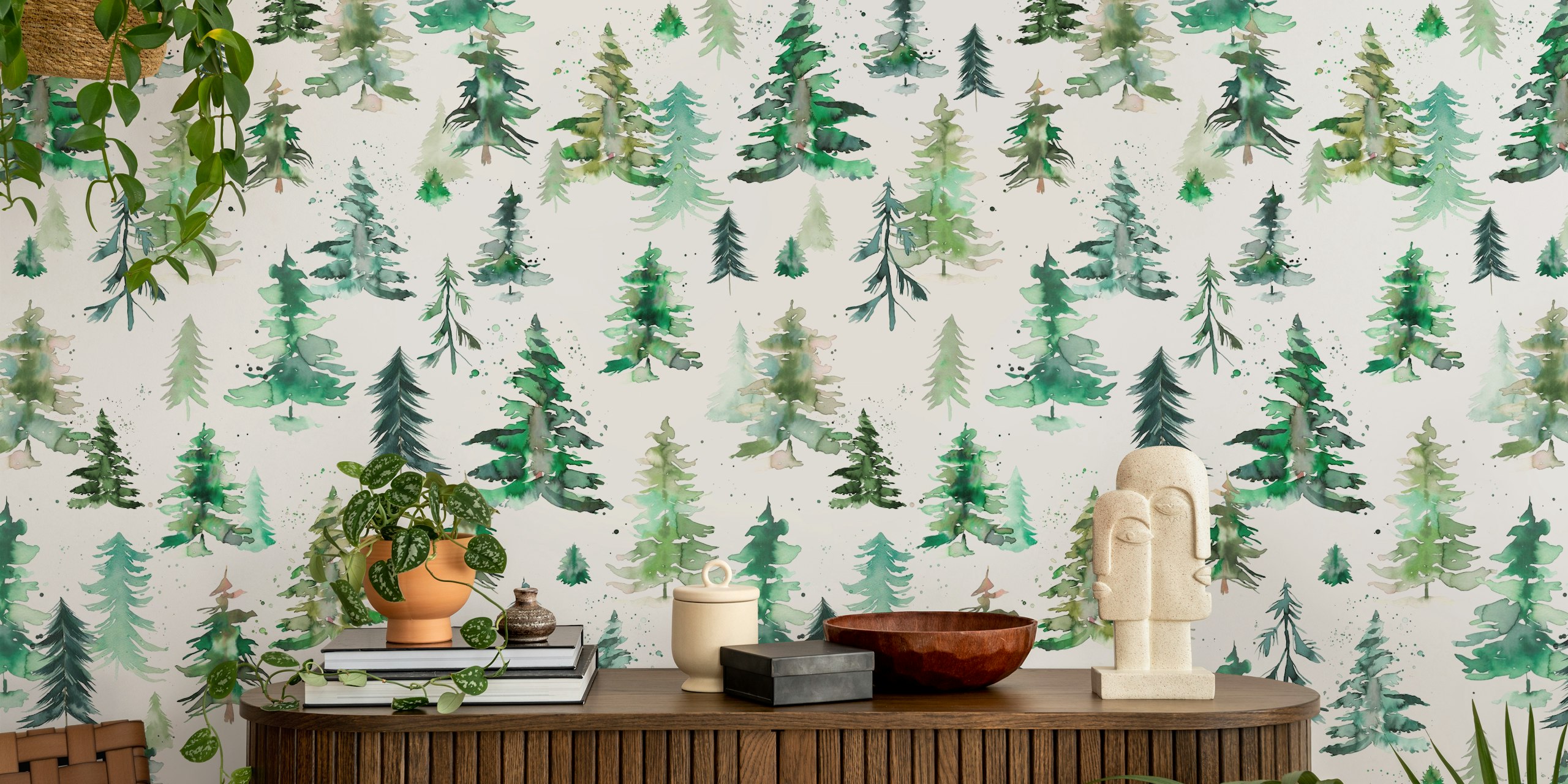 Illustrative forest and mountain wall mural depicting various trees on a white background