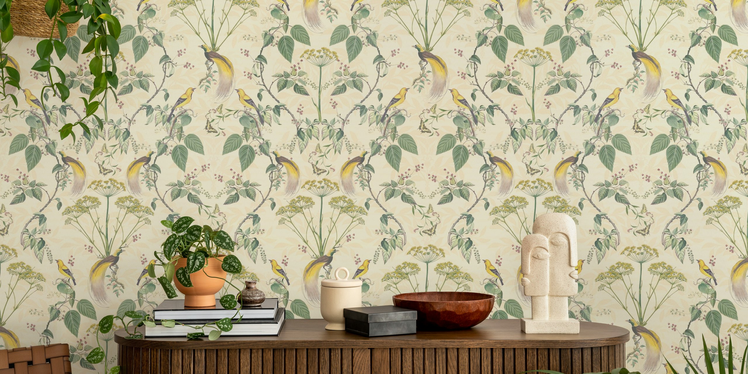 Vintage birds and floral damask pattern wallpaper in soft colors.