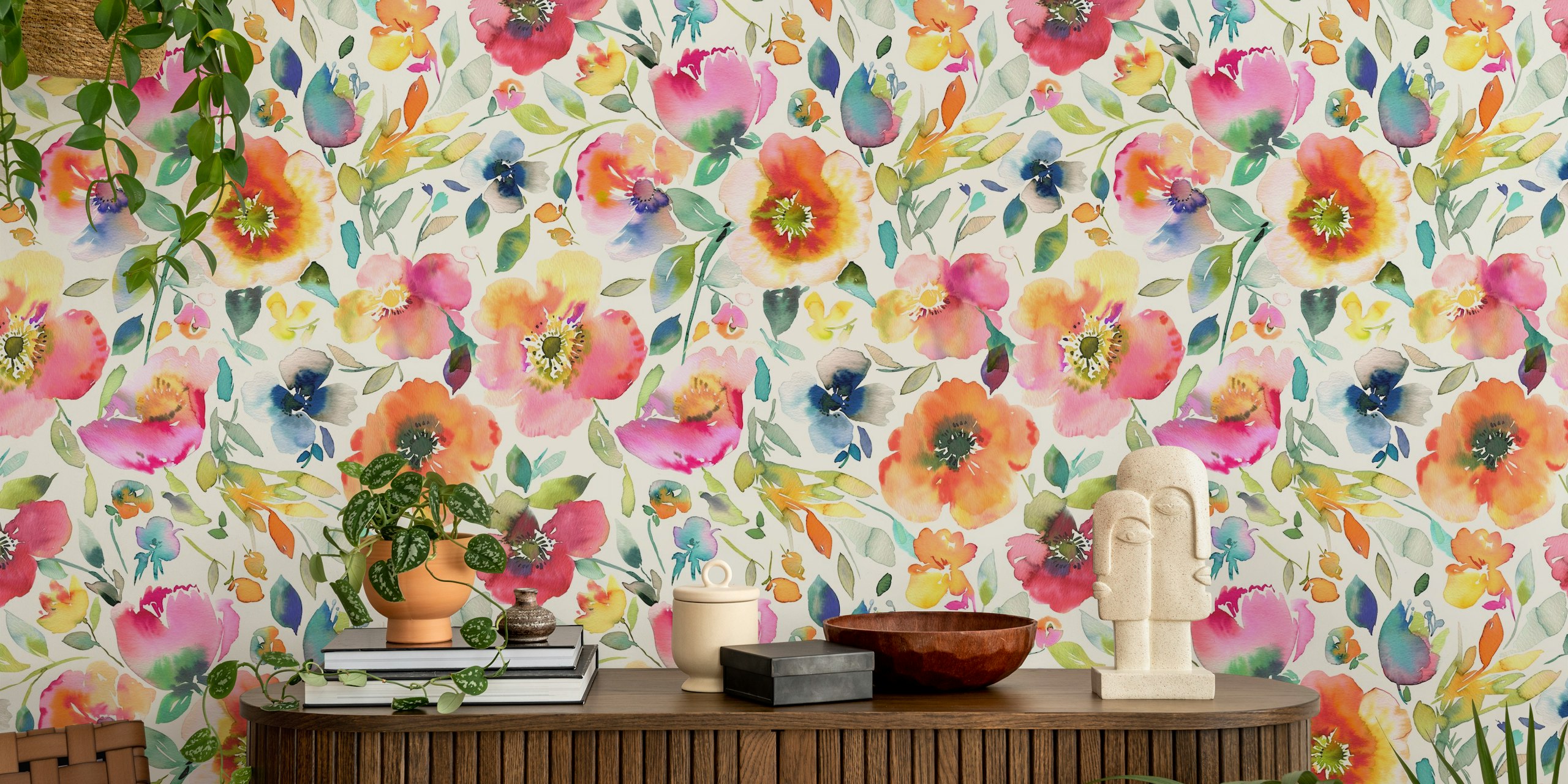 Fargerikt veggmaleri med akvarellvalmueblomster med vår-tema