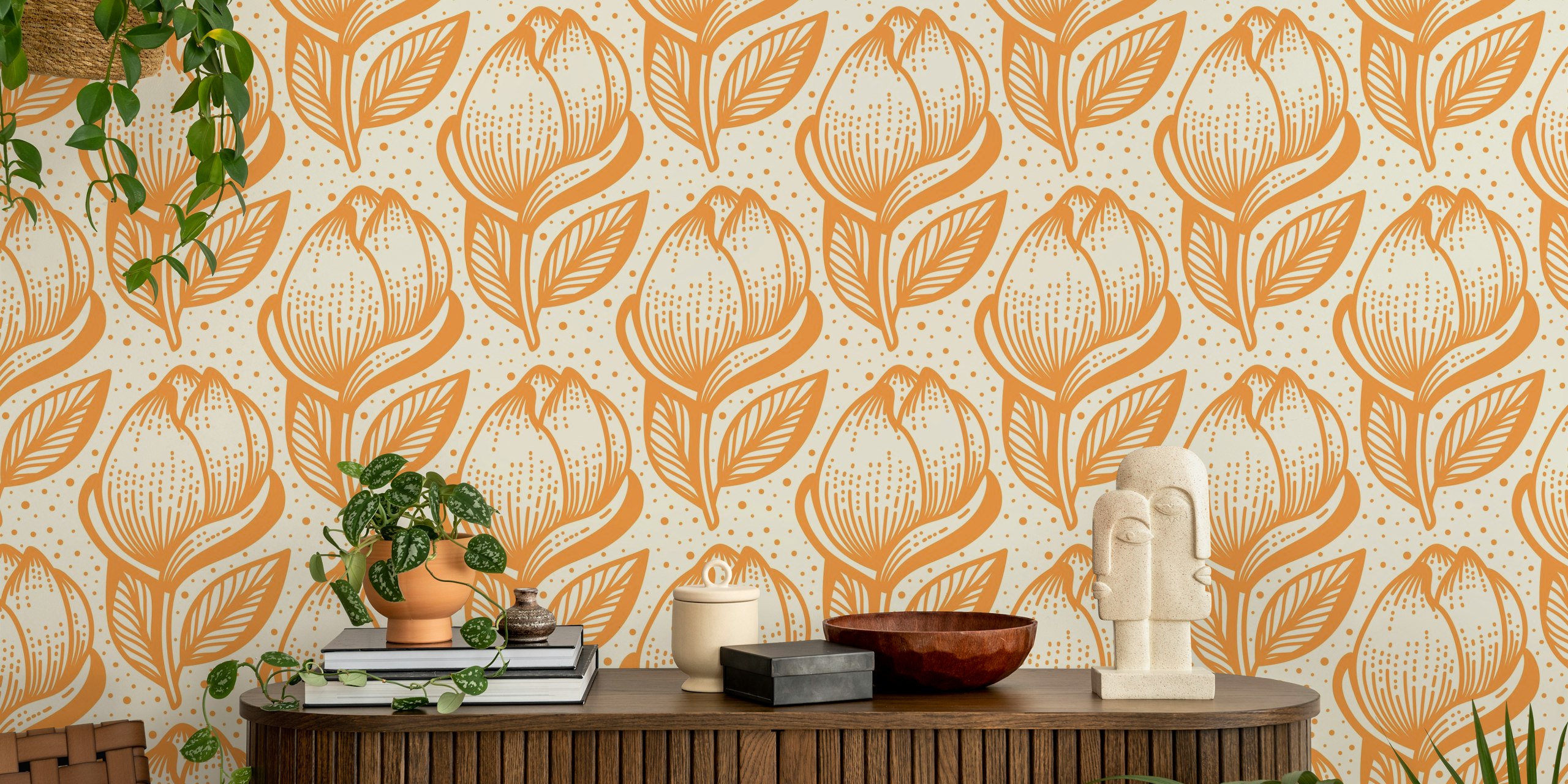 Magnolia blossoms with leaves in terracotta and cream wallpaper