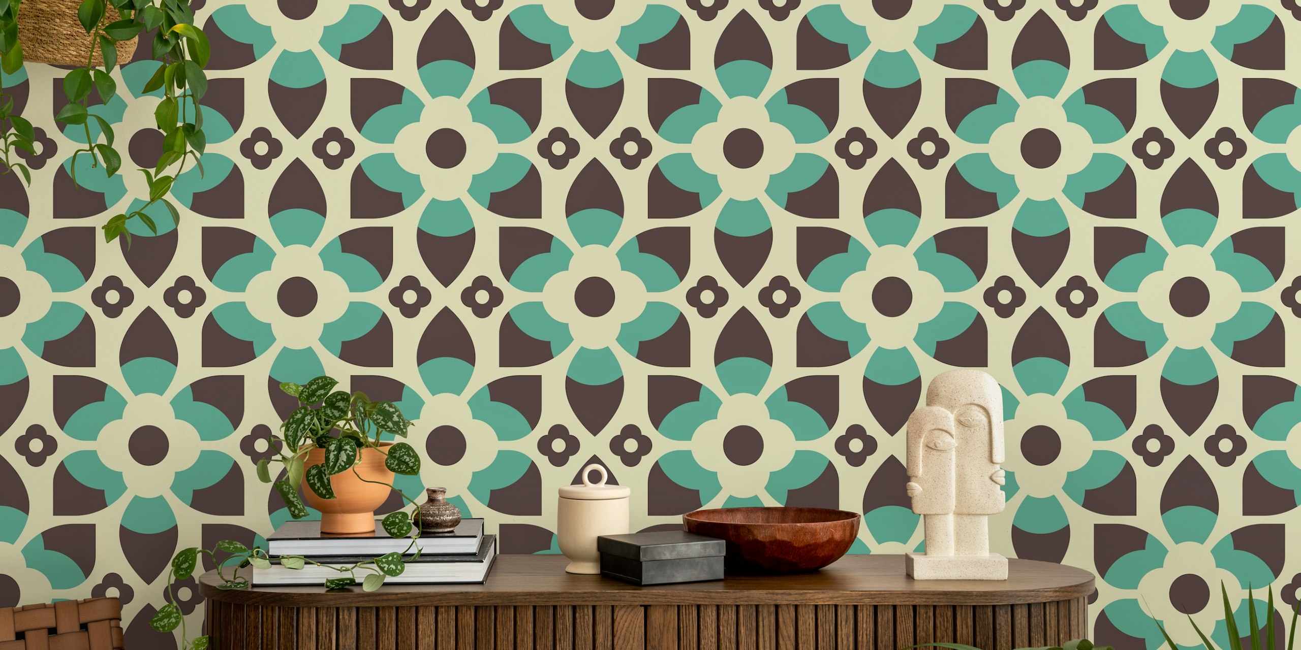 Retro floral pattern wallpaper in green